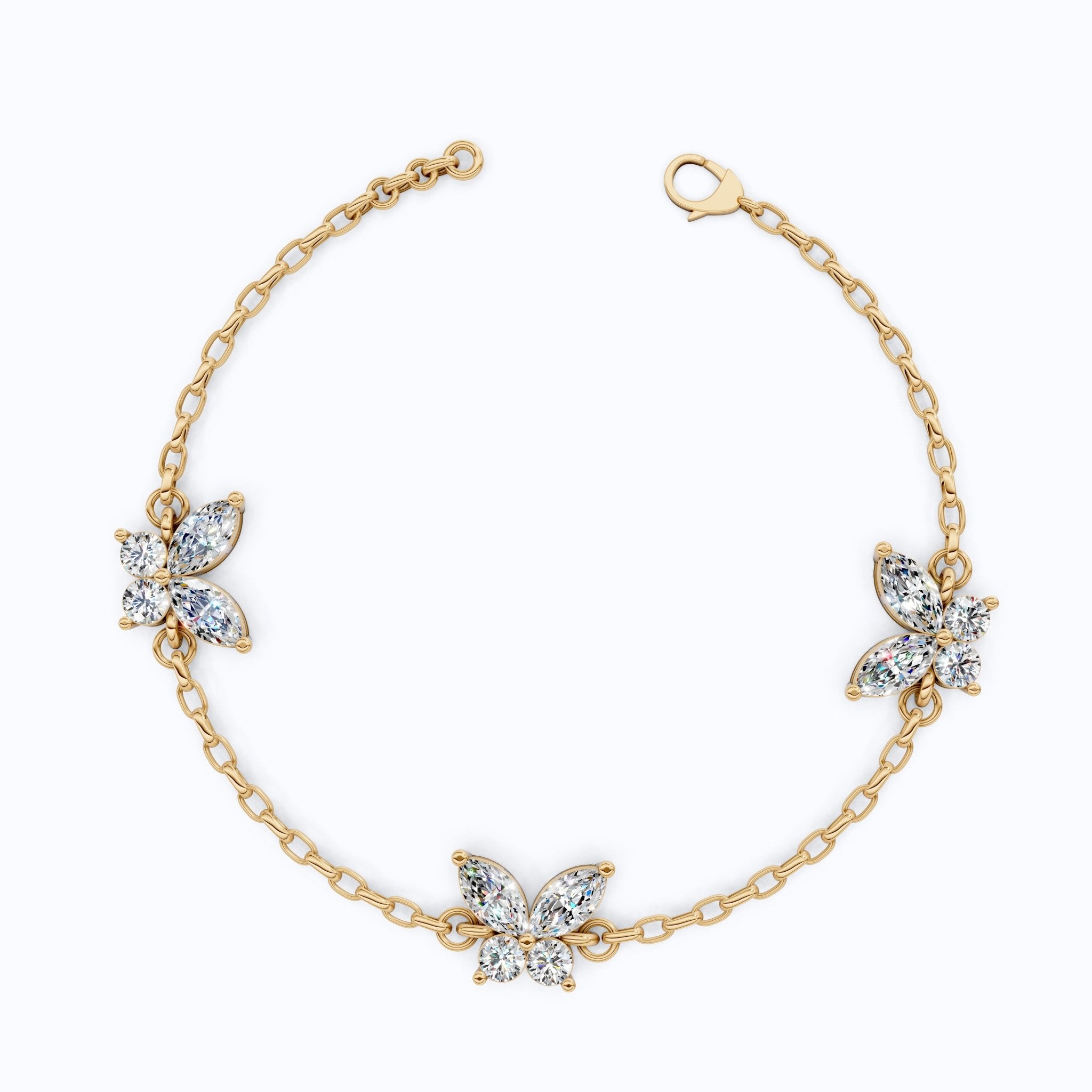 Triple Butterfly Marquise Cluster Chain Bracelet in Lab Diamond – 14k Solid Gold, Bridal Gift for Women, Butterfly Bracelet For Wife - Shoora Designs