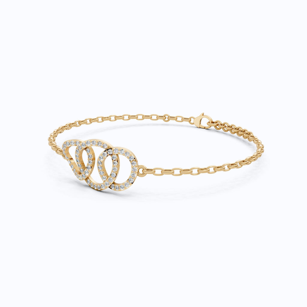 Triple Interlocking Pavé Circles Chain Bracelet in Lab Grown Diamond – 14k Yellow Gold, Wedding Gift for Wife, Everyday Bracelet - Shoora Designs