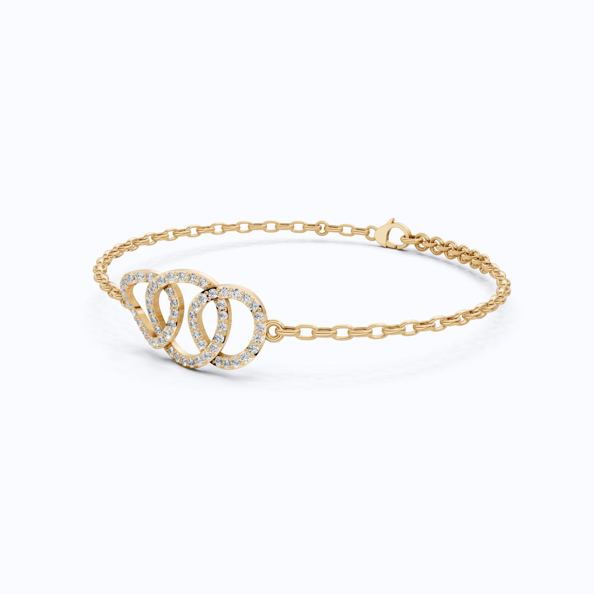 Triple Interlocking Pavé Circles Chain Bracelet in Lab Grown Diamond – 14k Yellow Gold, Wedding Gift for Wife, Everyday Bracelet - Shoora Designs