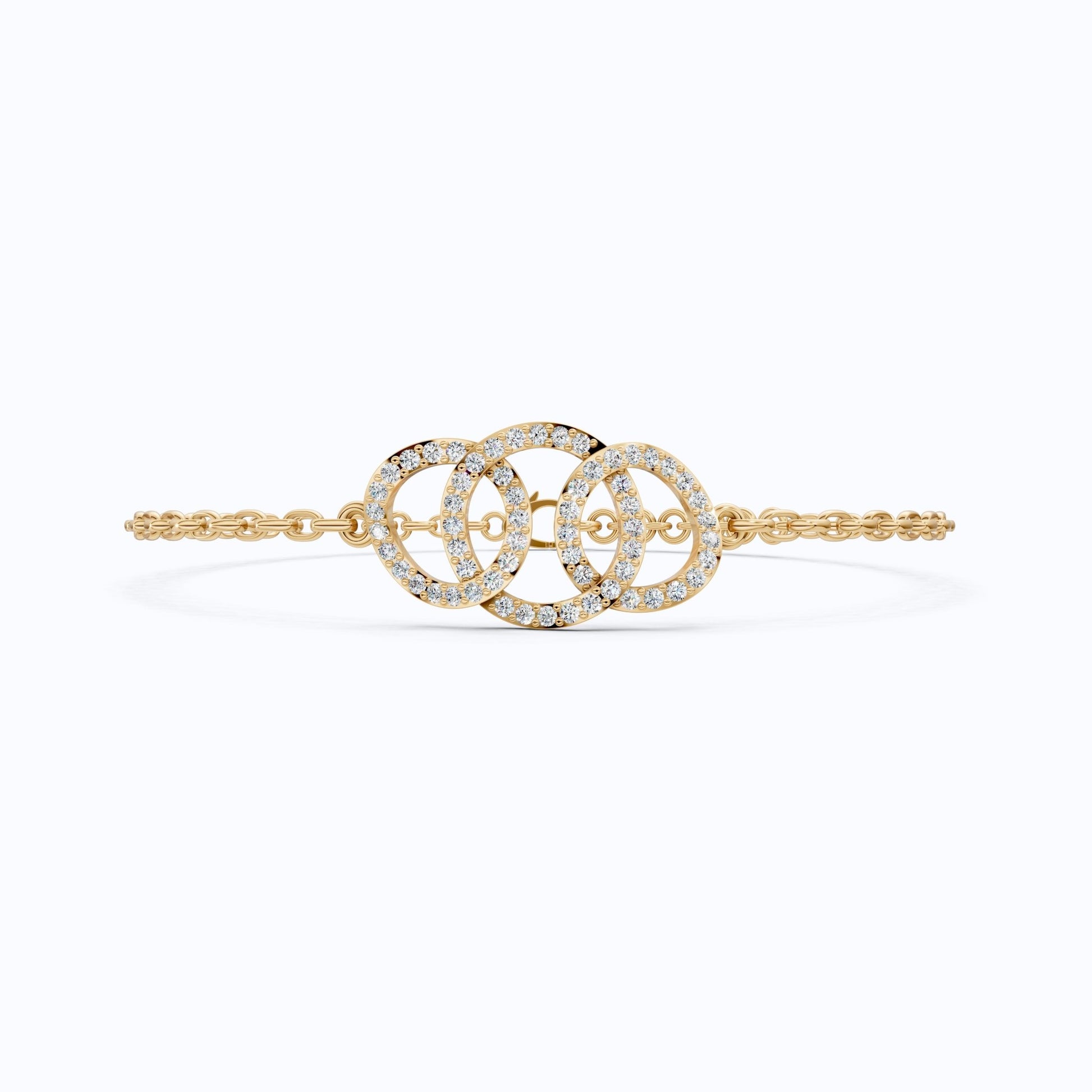 Triple Interlocking Pavé Circles Chain Bracelet in Lab Grown Diamond – 14k Yellow Gold, Wedding Gift for Wife, Everyday Bracelet - Shoora Designs