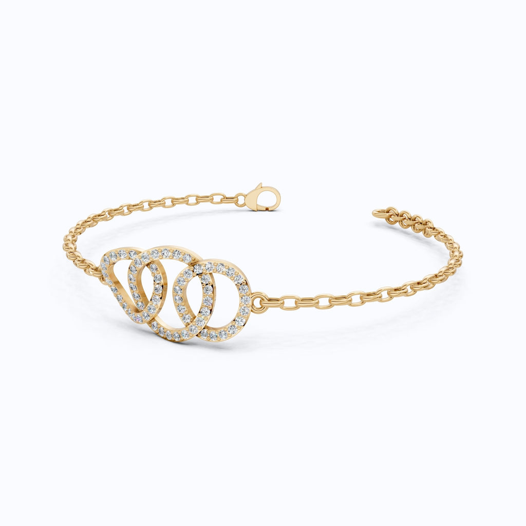 Triple Interlocking Pavé Circles Chain Bracelet in Lab Grown Diamond – 14k Yellow Gold, Wedding Gift for Wife, Everyday Bracelet - Shoora Designs