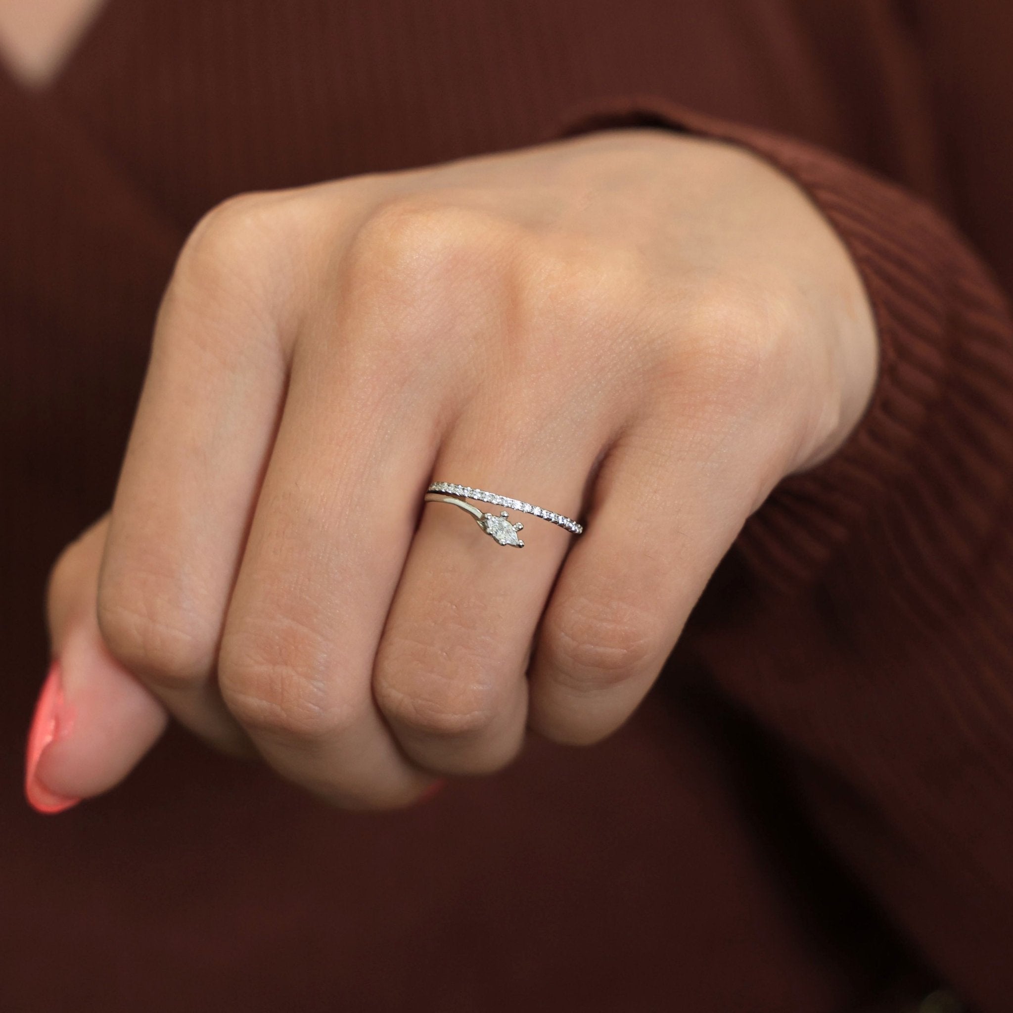 Twisted Bypass Marquise Solitaire With Pave Engagement Ring in Lab Diamond – 14k Solid Gold, Everyday Promise Ring, Weddi Gift for Her - Shoora Designs