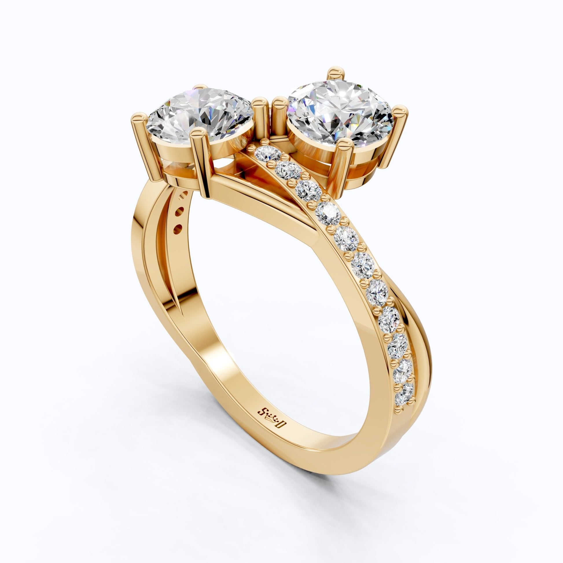 Twisted Pavé Double Stone Engagement Ring in 14K Solid Gold, Anniversary Gift for Wife, Modern Elegant Twisted Bypass Ring - Shoora Designs