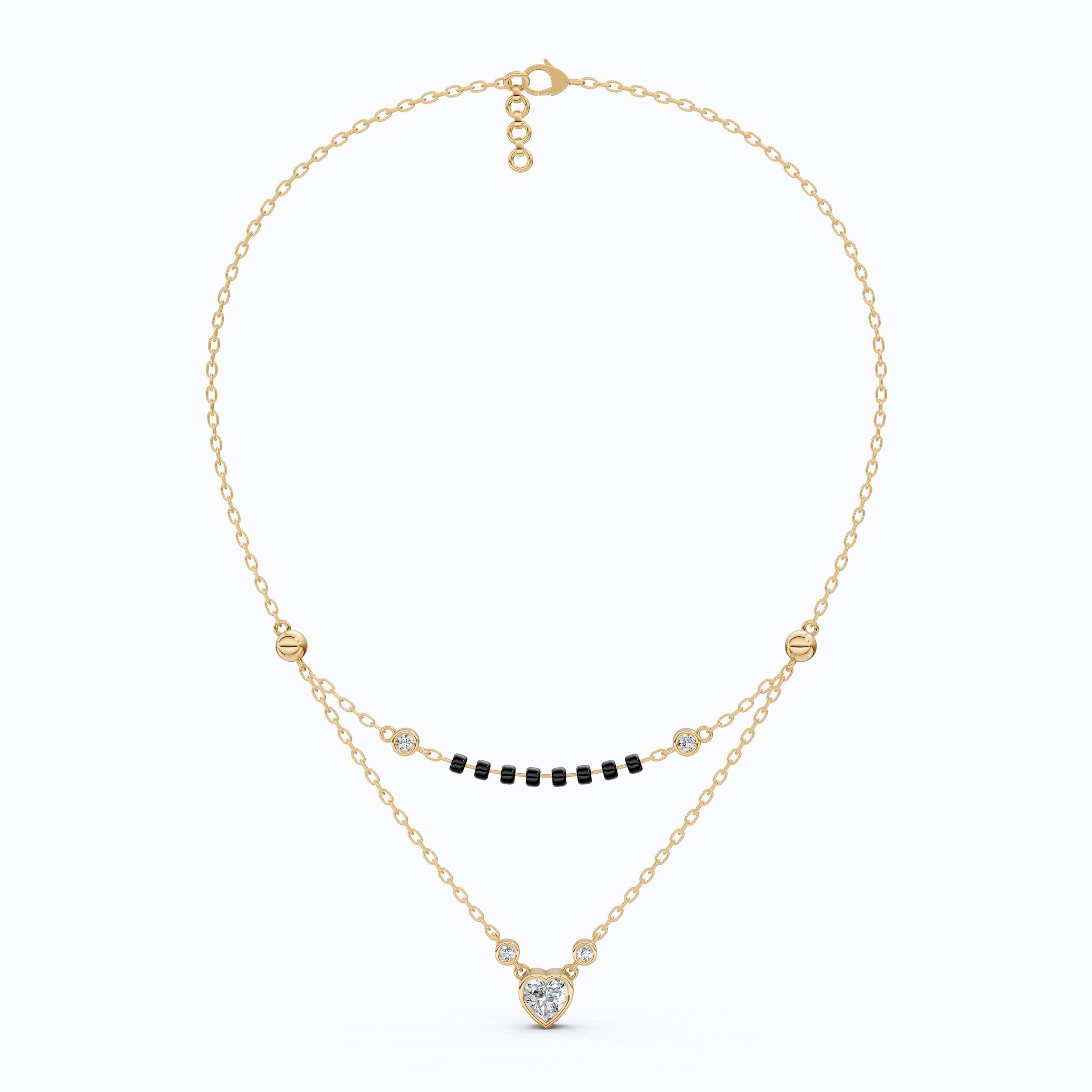 Two Layered Black Bead Heart Tanmaniya Mangalsutra in 14K Solid Gold, 1.00 CT Heart Cut Lab Created Diamond, Daily Wear Jewelry, Wedding Gift for Her - Shoora Designs
