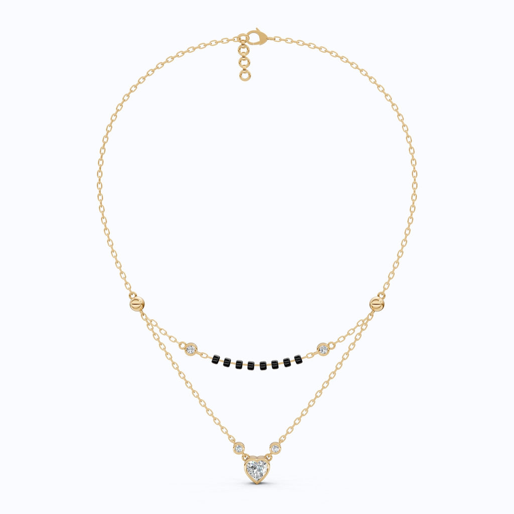 Two Layered Black Bead Heart Tanmaniya Mangalsutra in 14K Solid Gold, 1.00 CT Heart Cut Lab Created Diamond, Daily Wear Jewelry, Wedding Gift for Her - Shoora Designs