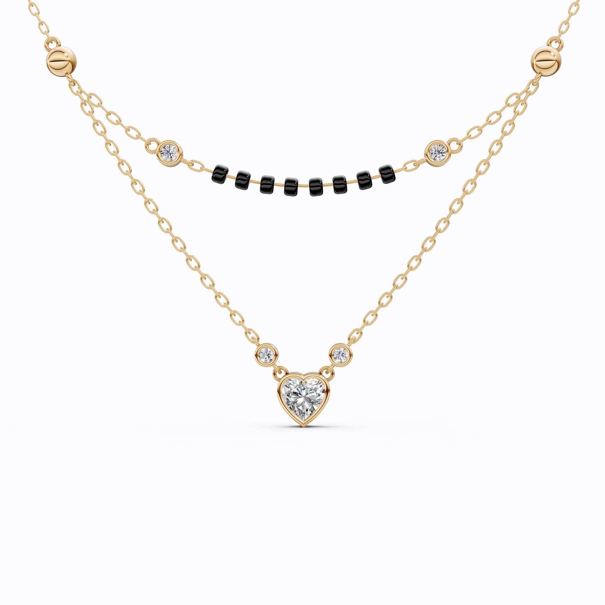 Two Layered Black Bead Heart Tanmaniya Mangalsutra in 14K Solid Gold, 1.00 CT Heart Cut Lab Created Diamond, Daily Wear Jewelry, Wedding Gift for Her - Shoora Designs