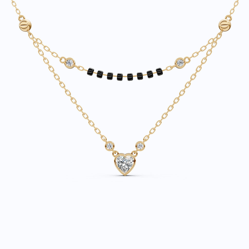 Two Layered Black Bead Heart Tanmaniya Mangalsutra in 14K Solid Gold, 1.00 CT Heart Cut Lab Created Diamond, Daily Wear Jewelry, Wedding Gift for Her - Shoora Designs