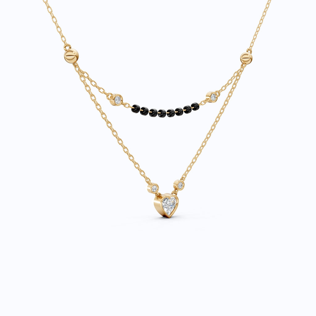 Two Layered Black Bead Heart Tanmaniya Mangalsutra in 14K Solid Gold, 1.00 CT Heart Cut Lab Created Diamond, Daily Wear Jewelry, Wedding Gift for Her - Shoora Designs