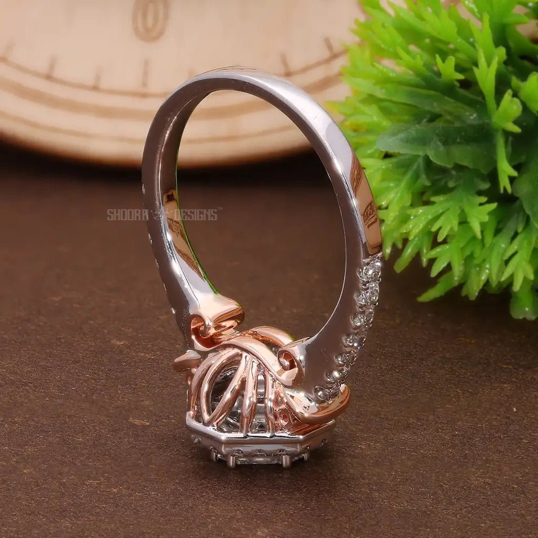 Two Tone Hexagon Shaped Asscher Cut Illusion Halo Pave Engagement Ring in Natural Diamond – 14K Solid Gold, Handmade Bridal Jewelry, Halo Pave Pie - Cut Wedding Ring For Women - Shoora Designs