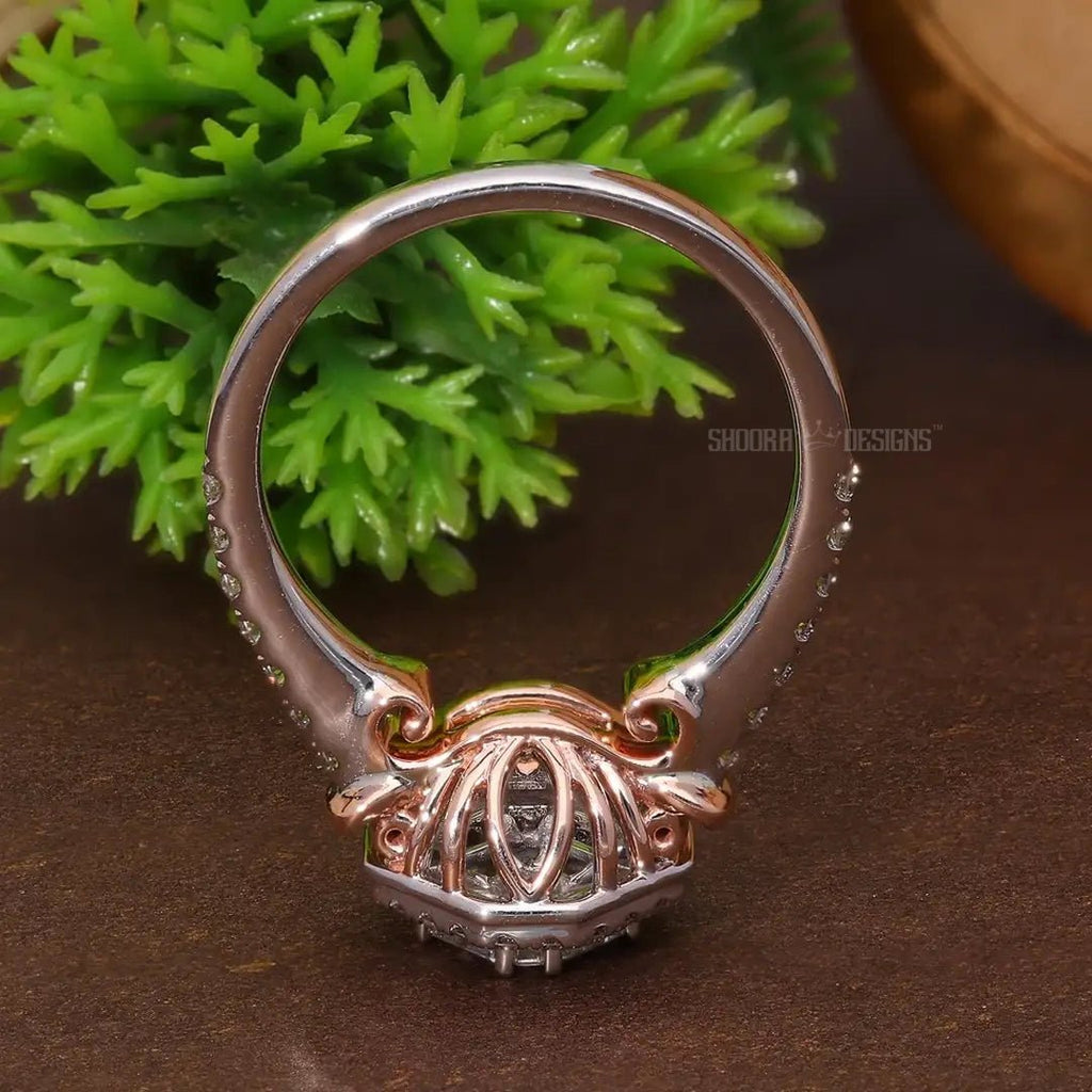 Two Tone Hexagon Shaped Asscher Cut Illusion Halo Pave Engagement Ring in Natural Diamond – 14K Solid Gold, Handmade Bridal Jewelry, Halo Pave Pie - Cut Wedding Ring For Women - Shoora Designs