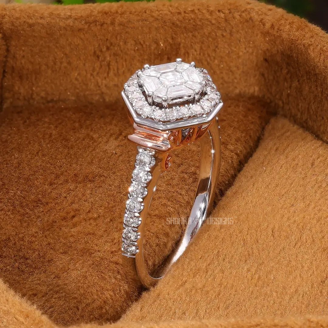 Two Tone Hexagon Shaped Asscher Cut Illusion Halo Pave Engagement Ring in Natural Diamond – 14K Solid Gold, Handmade Bridal Jewelry, Halo Pave Pie - Cut Wedding Ring For Women - Shoora Designs