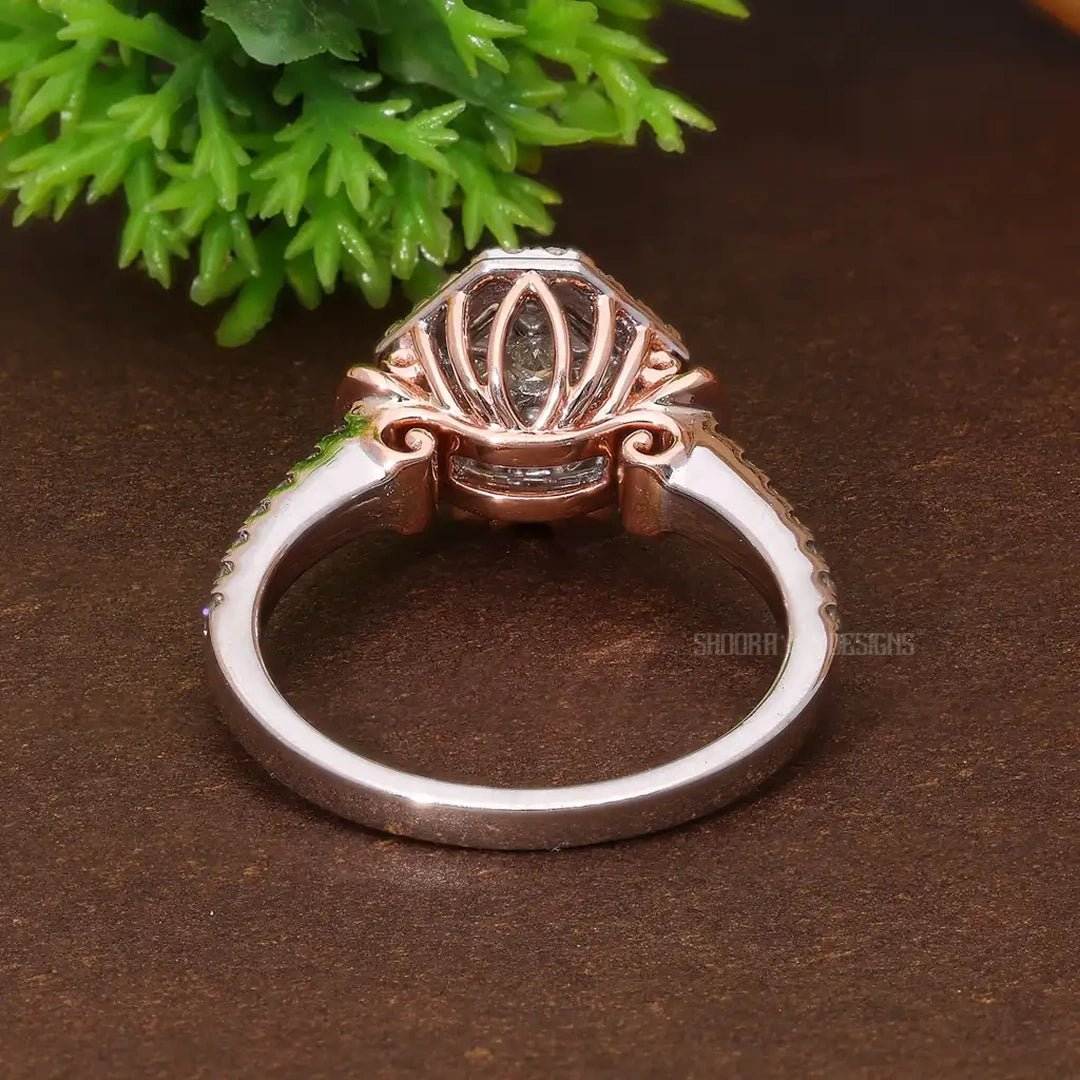 Two Tone Hexagon Shaped Asscher Cut Illusion Halo Pave Engagement Ring in Natural Diamond – 14K Solid Gold, Handmade Bridal Jewelry, Halo Pave Pie - Cut Wedding Ring For Women - Shoora Designs