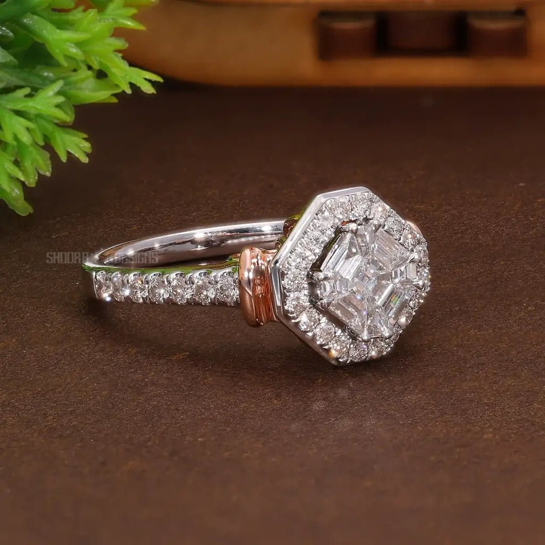 Two Tone Hexagon Shaped Asscher Cut Illusion Halo Pave Engagement Ring in Natural Diamond – 14K Solid Gold, Handmade Bridal Jewelry, Halo Pave Pie - Cut Wedding Ring For Women - Shoora Designs