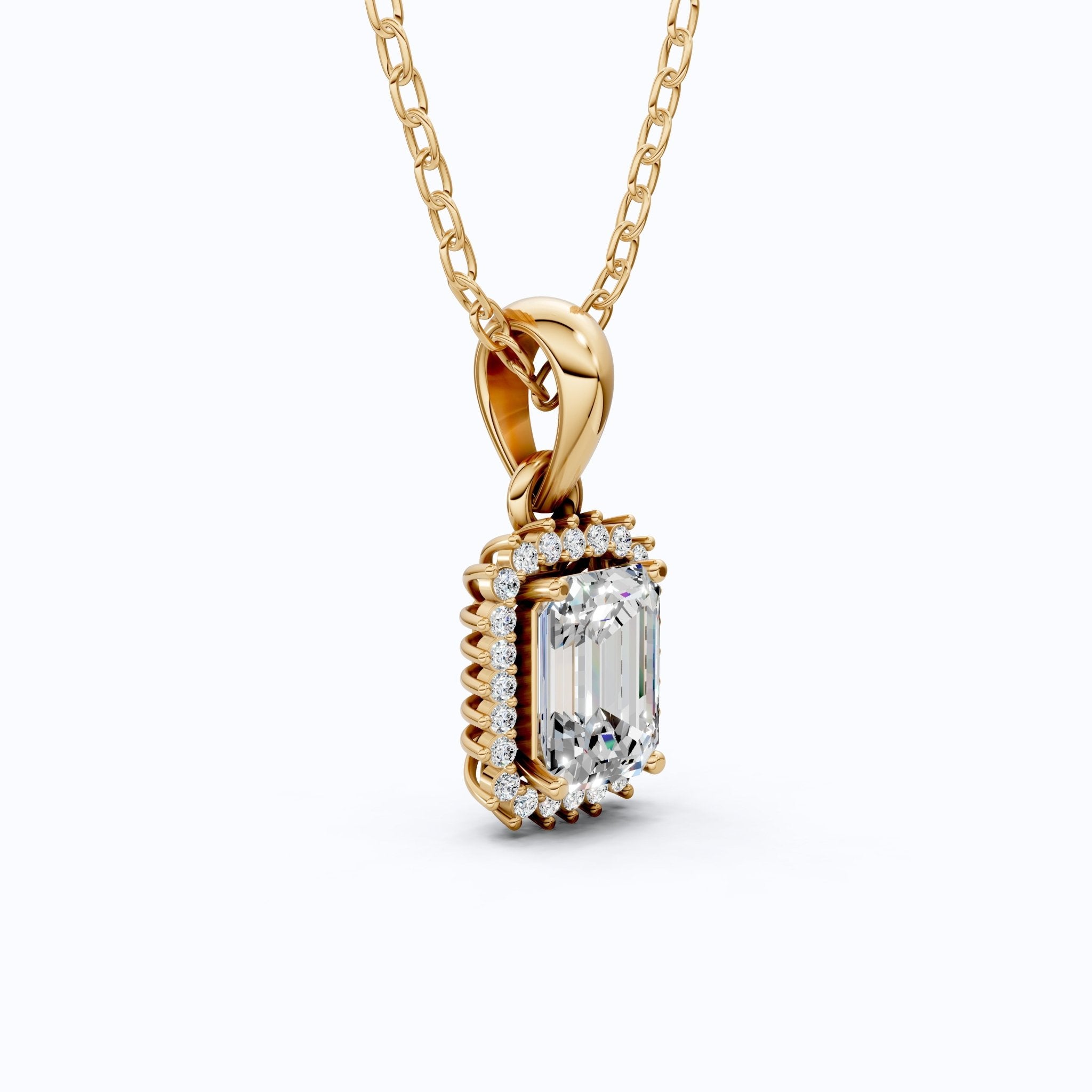Unique Art Deco Emerald Halo Wedding Pendant in 14K Solid Gold, 1.00 CT Emerald Cut Lab Created Diamond, Gift For Her, Bridal Jewelry - Shoora Designs