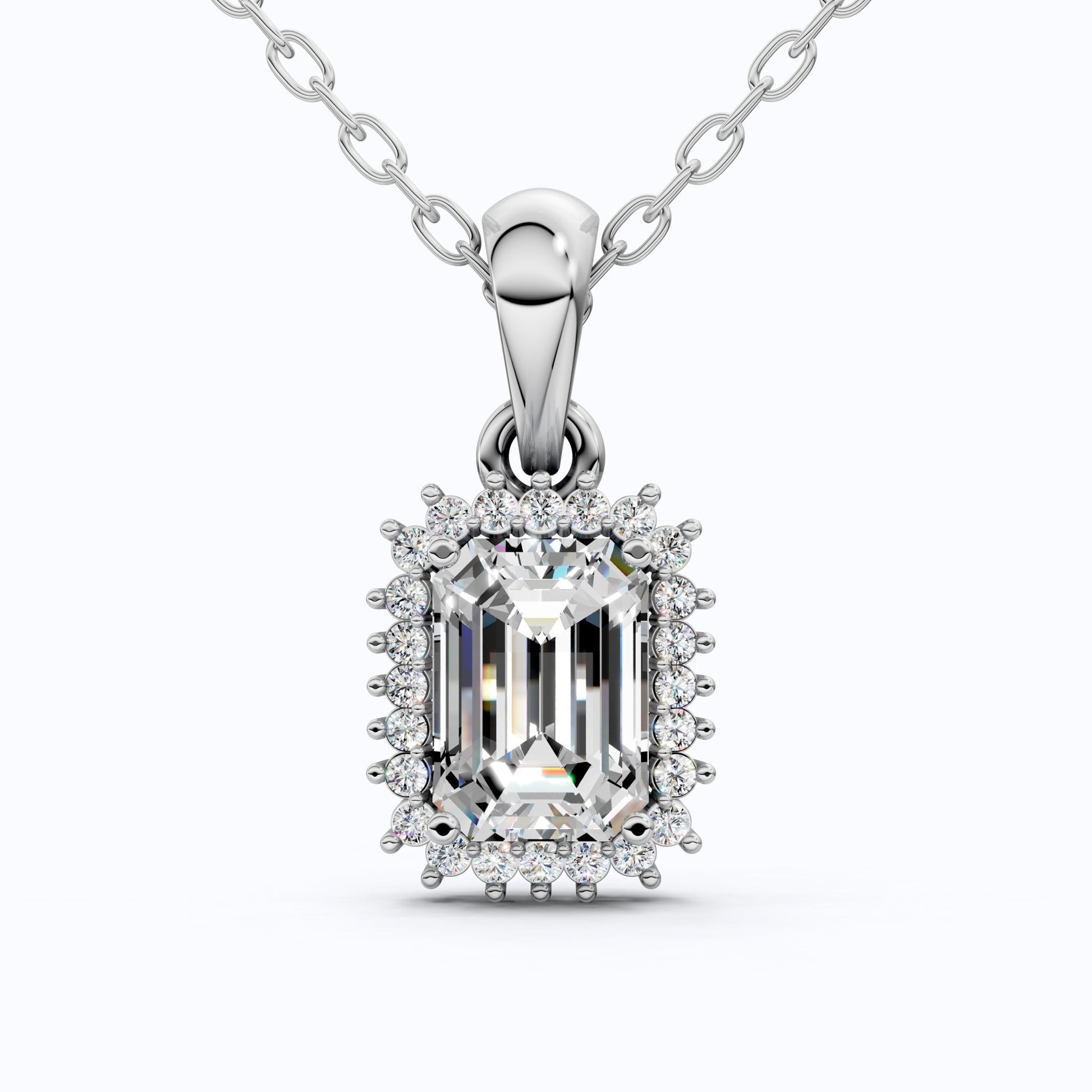 Unique Art Deco Emerald Halo Wedding Pendant in 14K Solid Gold, 1.00 CT Emerald Cut Lab Created Diamond, Gift For Her, Bridal Jewelry - Shoora Designs