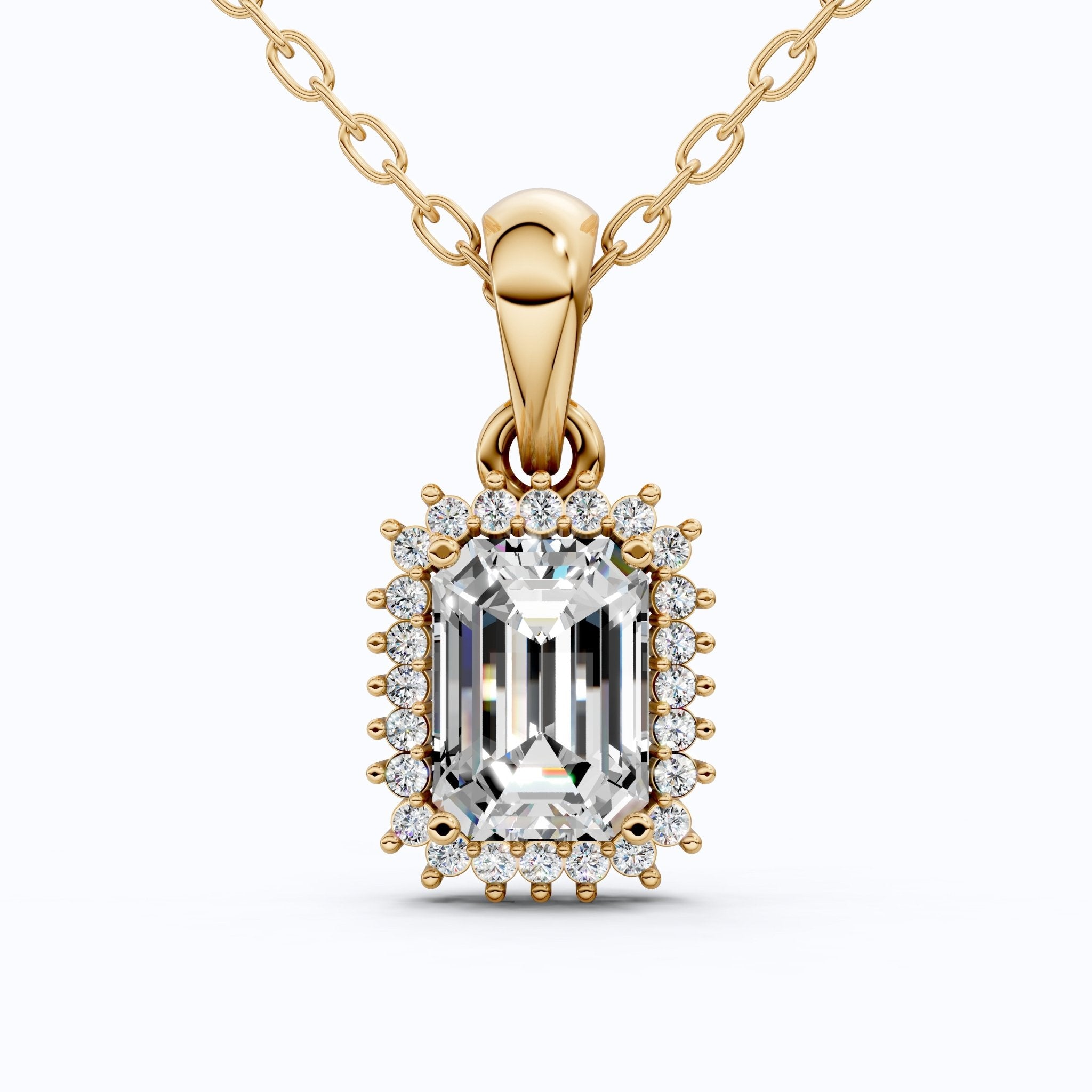 Unique Art Deco Emerald Halo Wedding Pendant in 14K Solid Gold, 1.00 CT Emerald Cut Lab Created Diamond, Gift For Her, Bridal Jewelry - Shoora Designs