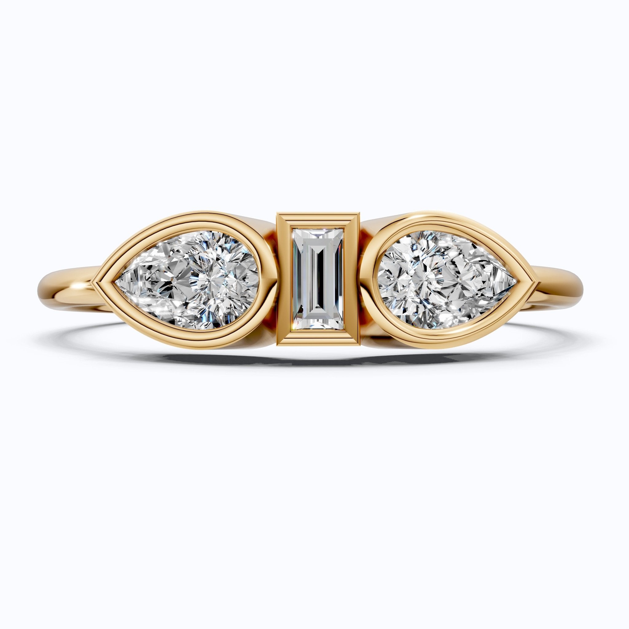 Unique Bezel Set Three Stone Engagement Ring in 14K Solid Gold, 0.36 TCW Pear/Baguette Cut Lab Created Diamonds, Birthday Gift for Her, Daily Wear Ring - Shoora Designs