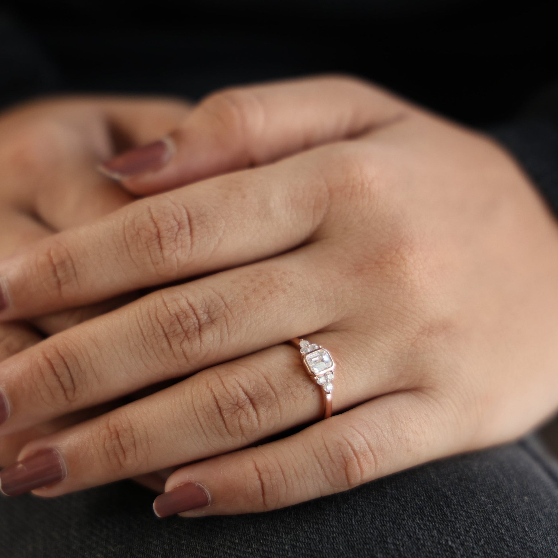 Unique Emerald Centerpiece Engagement Ring in 14K Solid Gold, 0.45 CT Emerald Cut Lab Created Diamond, Engagement Ring, Gift For Her - Shoora Designs