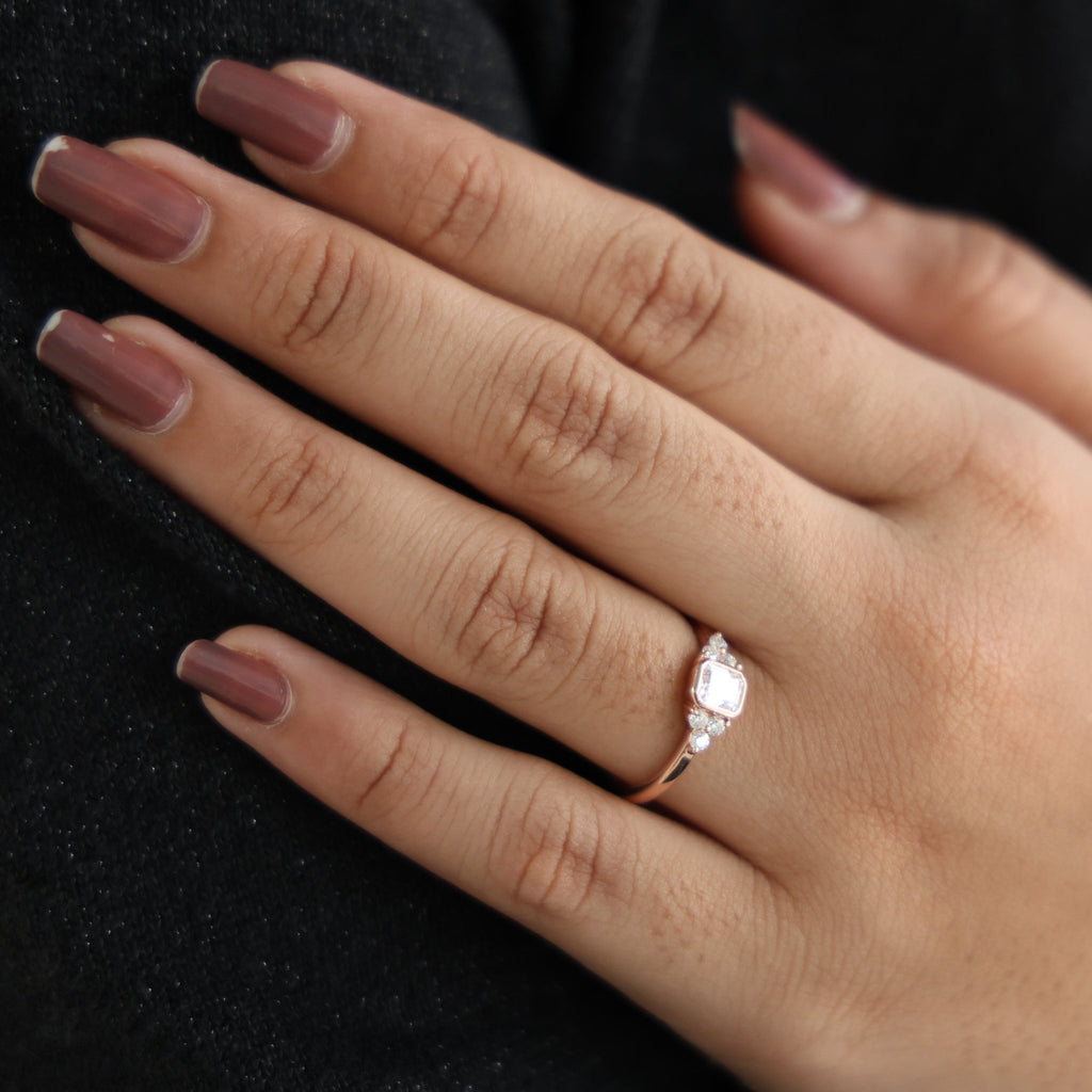 Unique Emerald Centerpiece Engagement Ring in 14K Solid Gold, 0.45 CT Emerald Cut Lab Created Diamond, Engagement Ring, Gift For Her - Shoora Designs