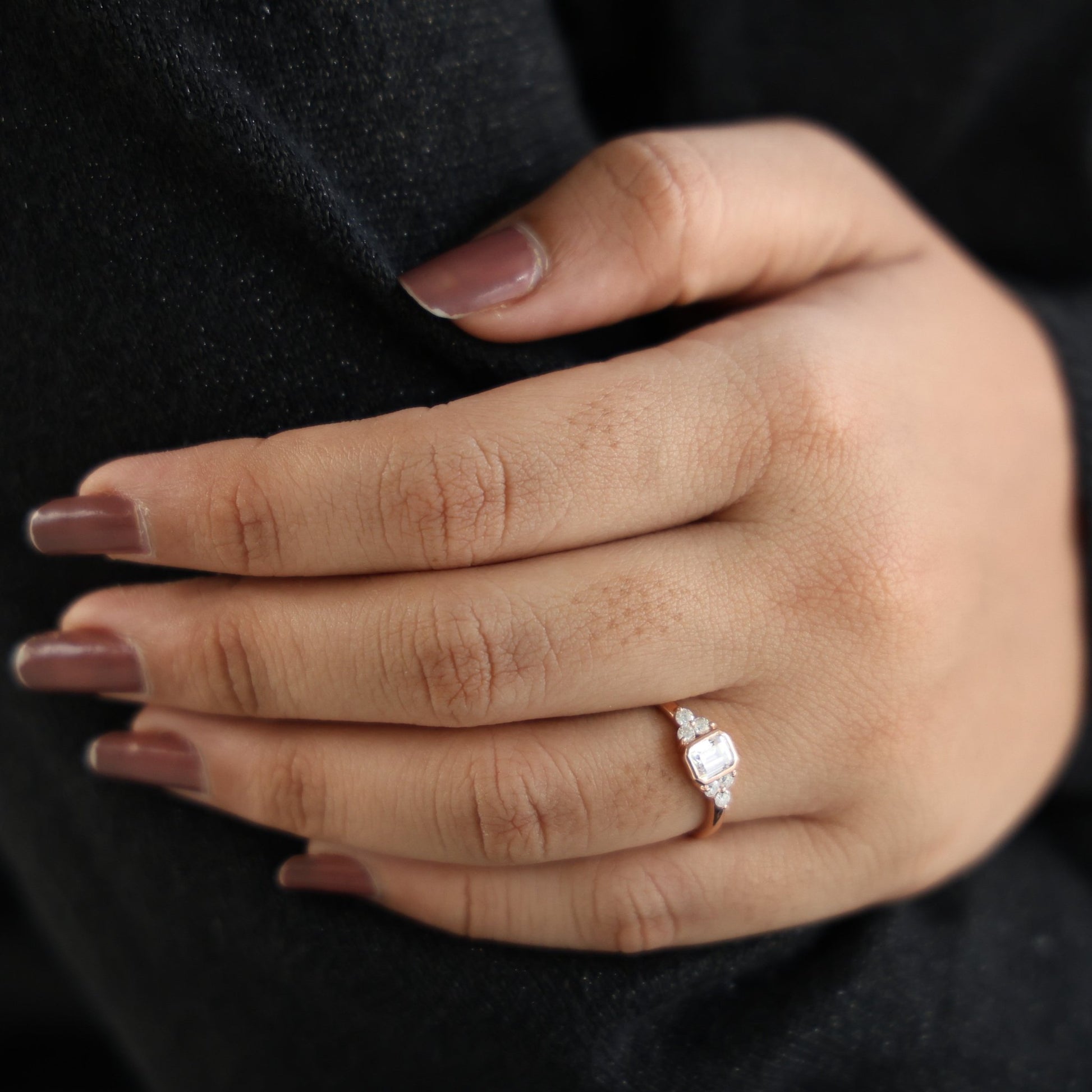 Unique Emerald Centerpiece Engagement Ring in 14K Solid Gold, 0.45 CT Emerald Cut Lab Created Diamond, Engagement Ring, Gift For Her - Shoora Designs