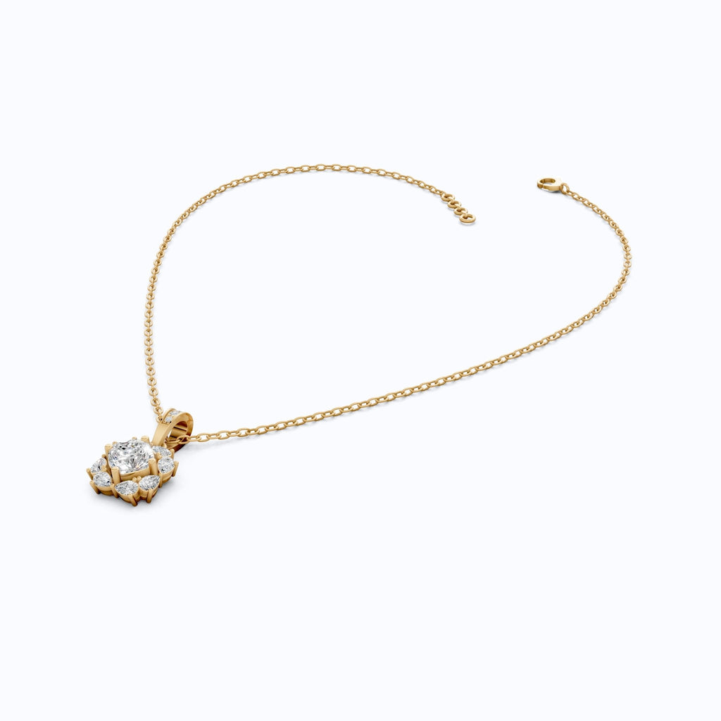 Unique Floral Cluster Diamond Pendant in 14k Solid Gold, 1.00 CT Cushion Cut Lab Grown Diamond, Gift for Her, Bridal Jewelry, Wedding Jewelry - Shoora Designs