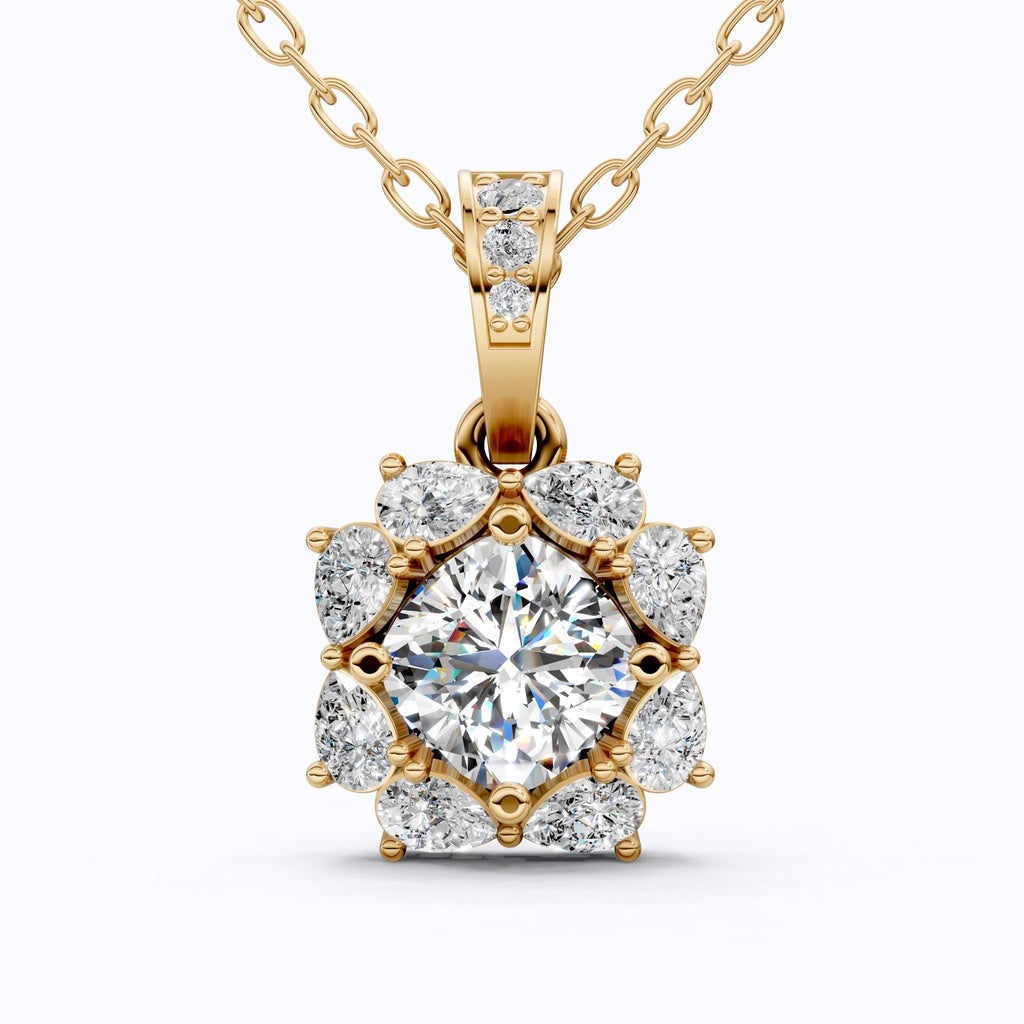 Unique Floral Cluster Diamond Pendant in 14k Solid Gold, 1.00 CT Cushion Cut Lab Grown Diamond, Gift for Her, Bridal Jewelry, Wedding Jewelry - Shoora Designs