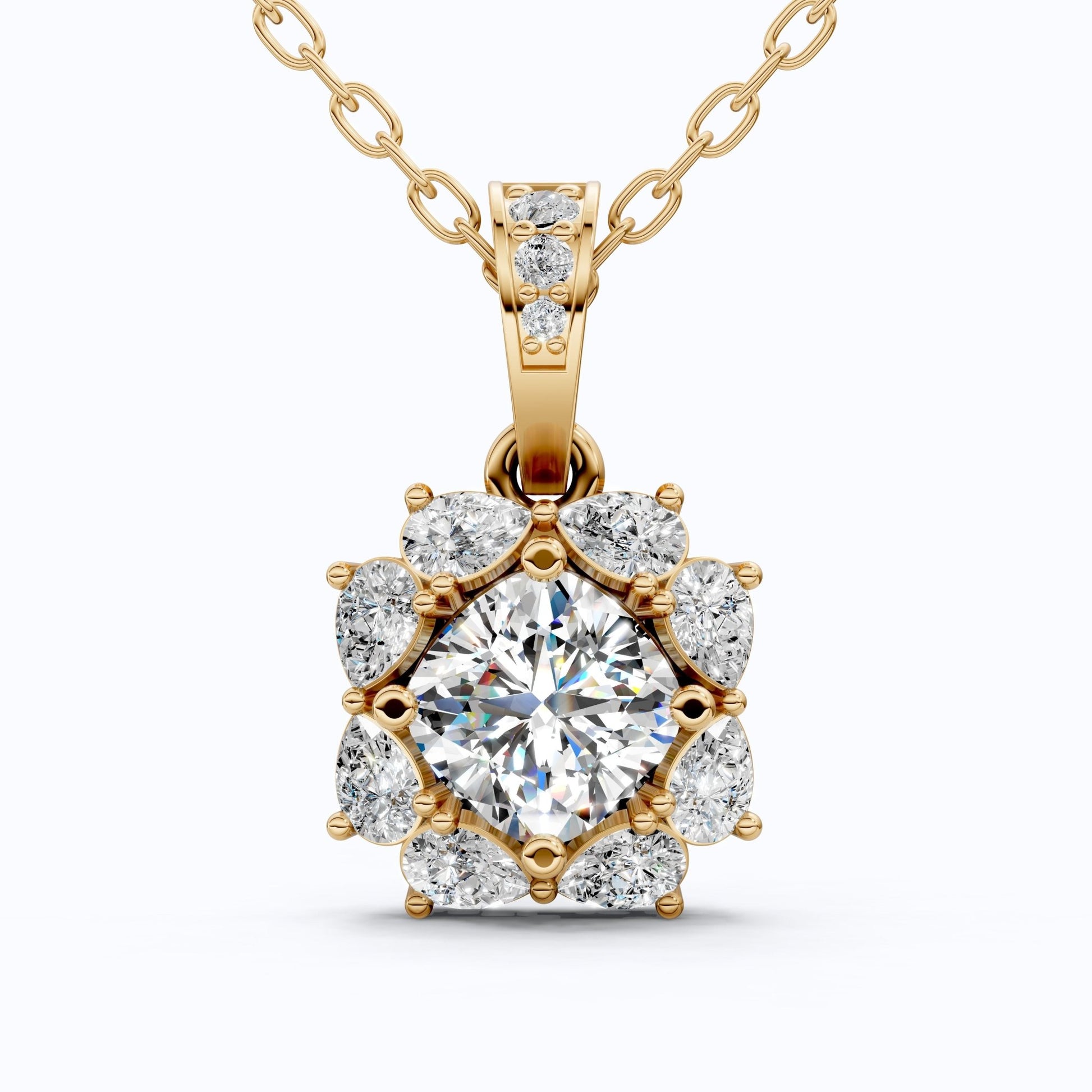 Unique Floral Cluster Diamond Pendant in 14k Solid Gold, 1.00 CT Cushion Cut Lab Grown Diamond, Gift for Her, Bridal Jewelry, Wedding Jewelry - Shoora Designs