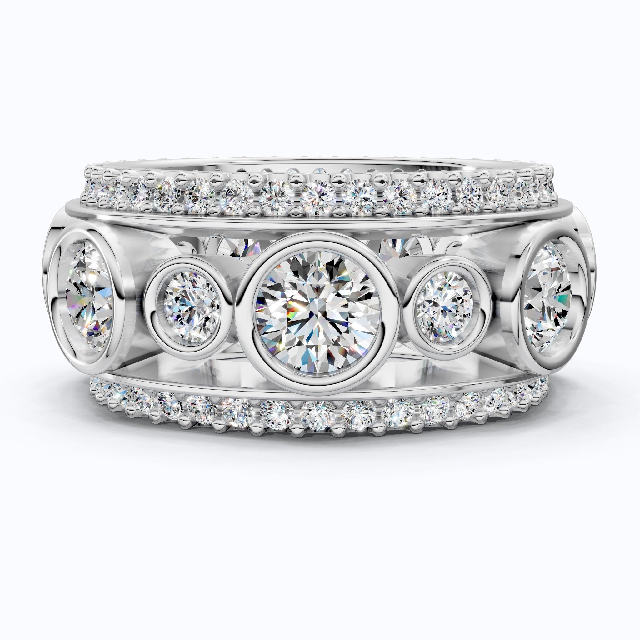 Unique Patterned Wide Eternity Wedding Band in 14K Solid Gold, 5.12 TCW Round Cut Lab Created Diamonds, Anniversary Ring, Everyday Band - Shoora Designs