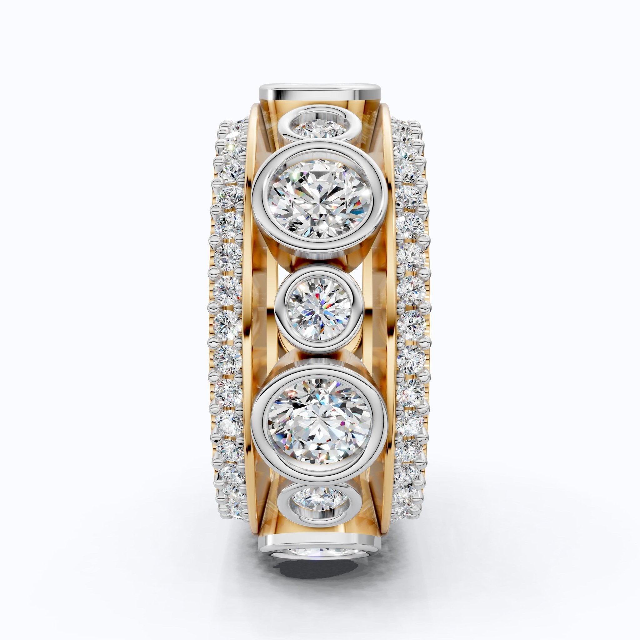 Unique Patterned Wide Eternity Wedding Band in 14K Solid Gold, 5.12 TCW Round Cut Lab Created Diamonds, Anniversary Ring, Everyday Band - Shoora Designs