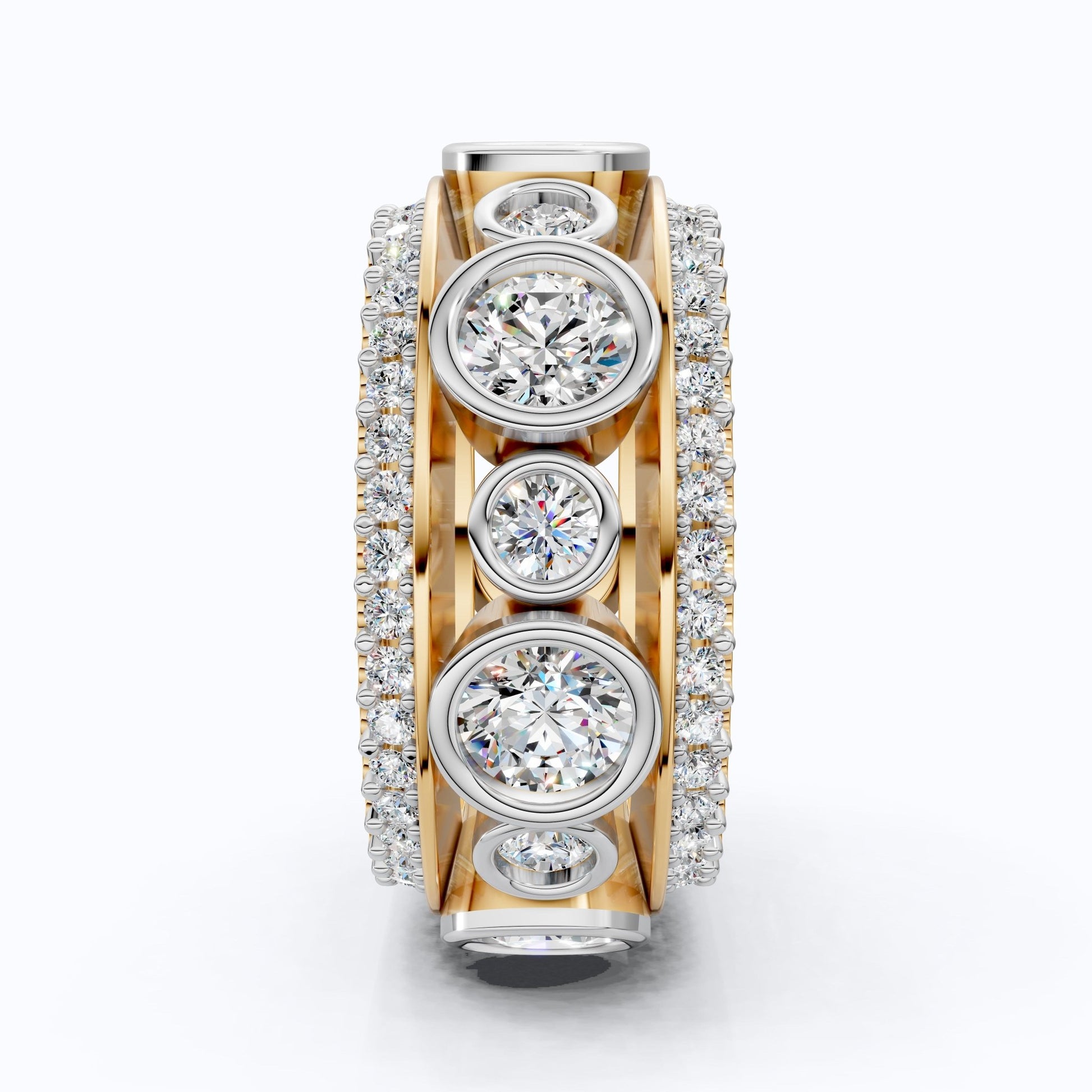 Unique Patterned Wide Eternity Wedding Band in 14K Solid Gold, 5.12 TCW Round Cut Lab Created Diamonds, Anniversary Ring, Everyday Band - Shoora Designs