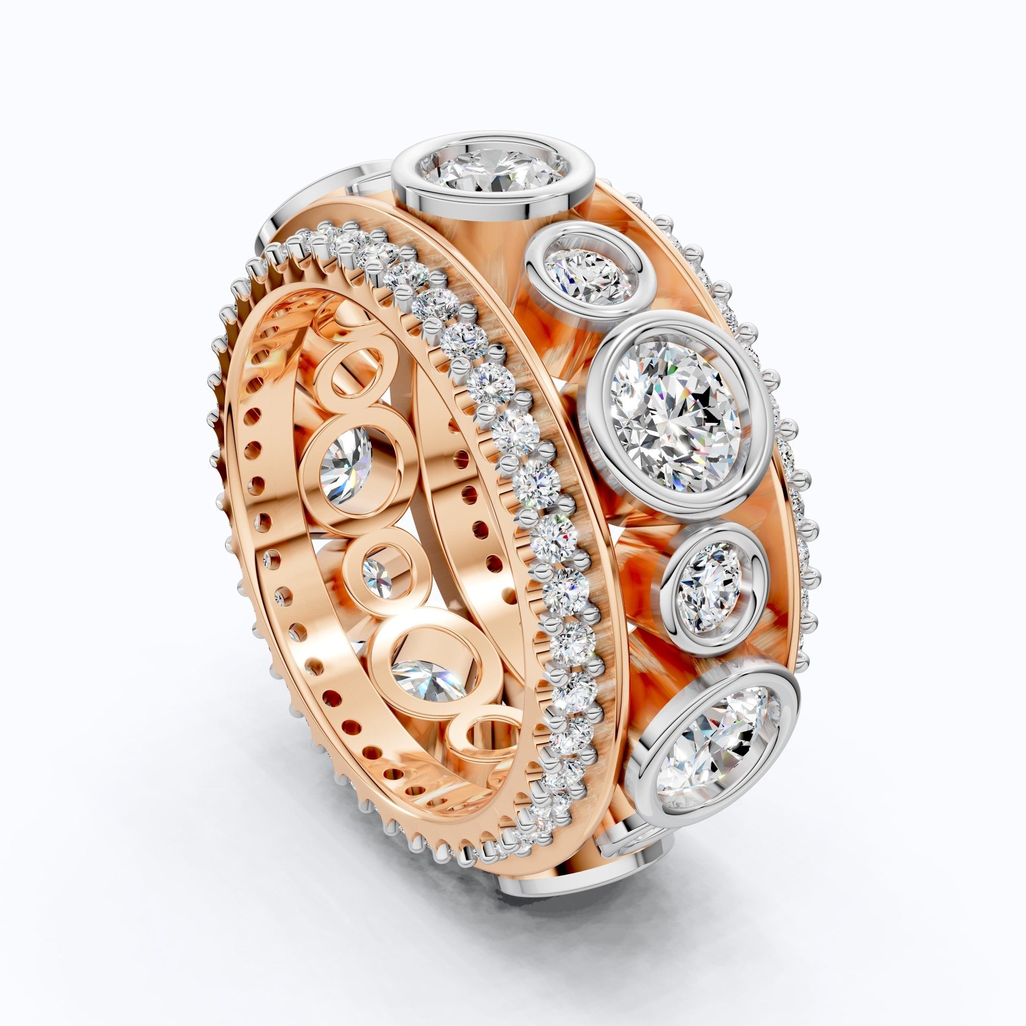 Unique Patterned Wide Eternity Wedding Band in 14K Solid Gold, 5.12 TCW Round Cut Lab Created Diamonds, Anniversary Ring, Everyday Band - Shoora Designs