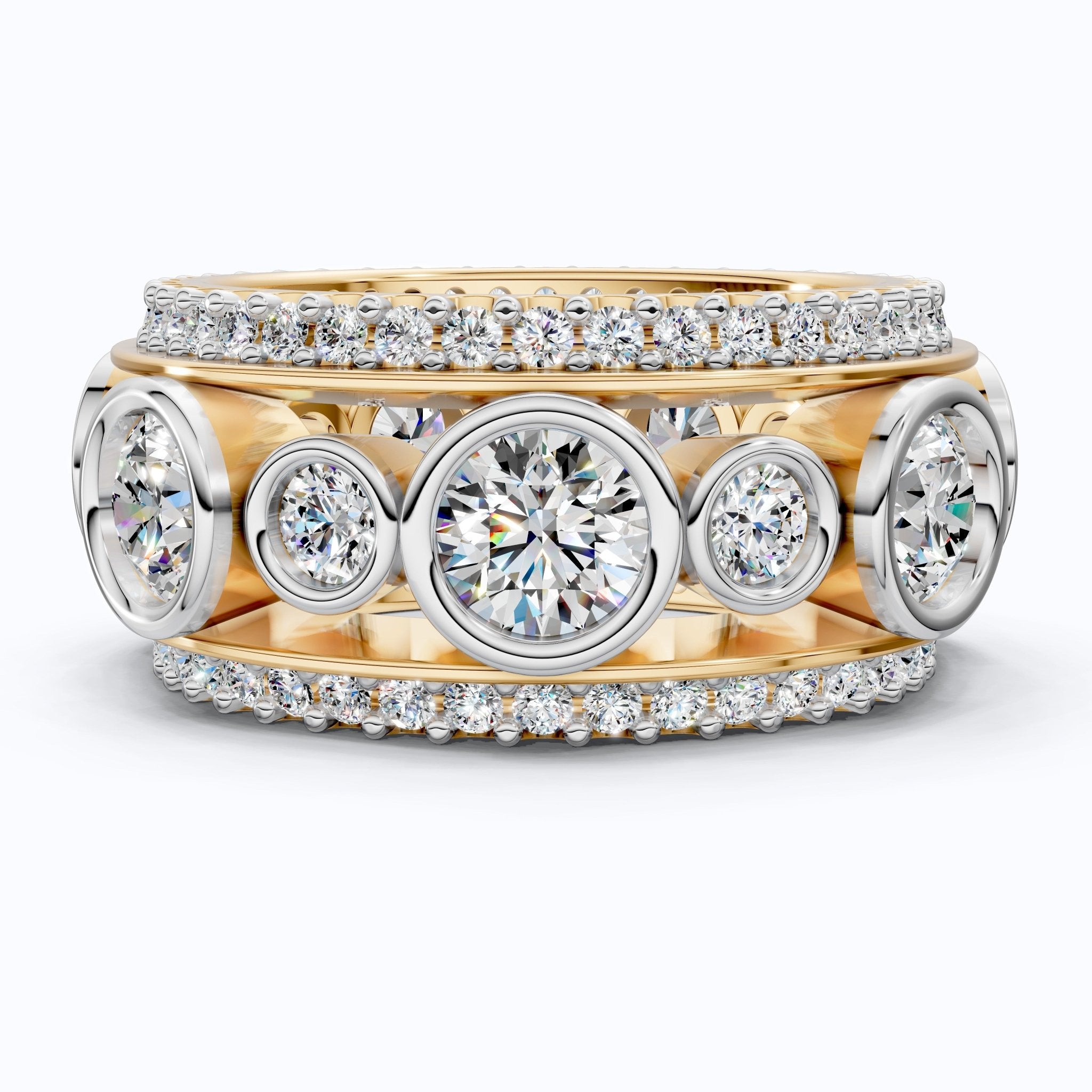 Unique Patterned Wide Eternity Wedding Band in 14K Solid Gold, 5.12 TCW Round Cut Lab Created Diamonds, Anniversary Ring, Everyday Band - Shoora Designs