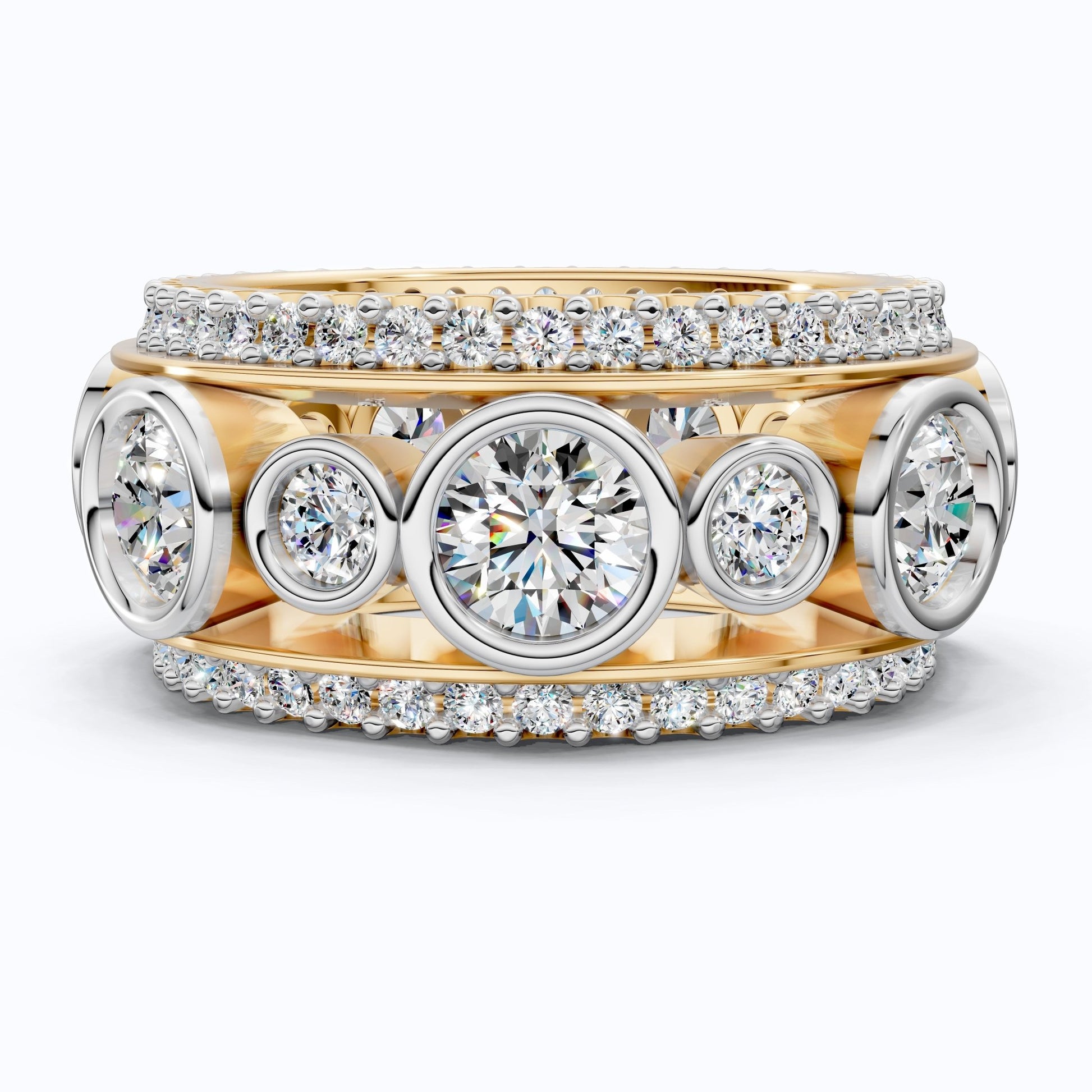 Unique Patterned Wide Eternity Wedding Band in 14K Solid Gold, 5.12 TCW Round Cut Lab Created Diamonds, Anniversary Ring, Everyday Band - Shoora Designs