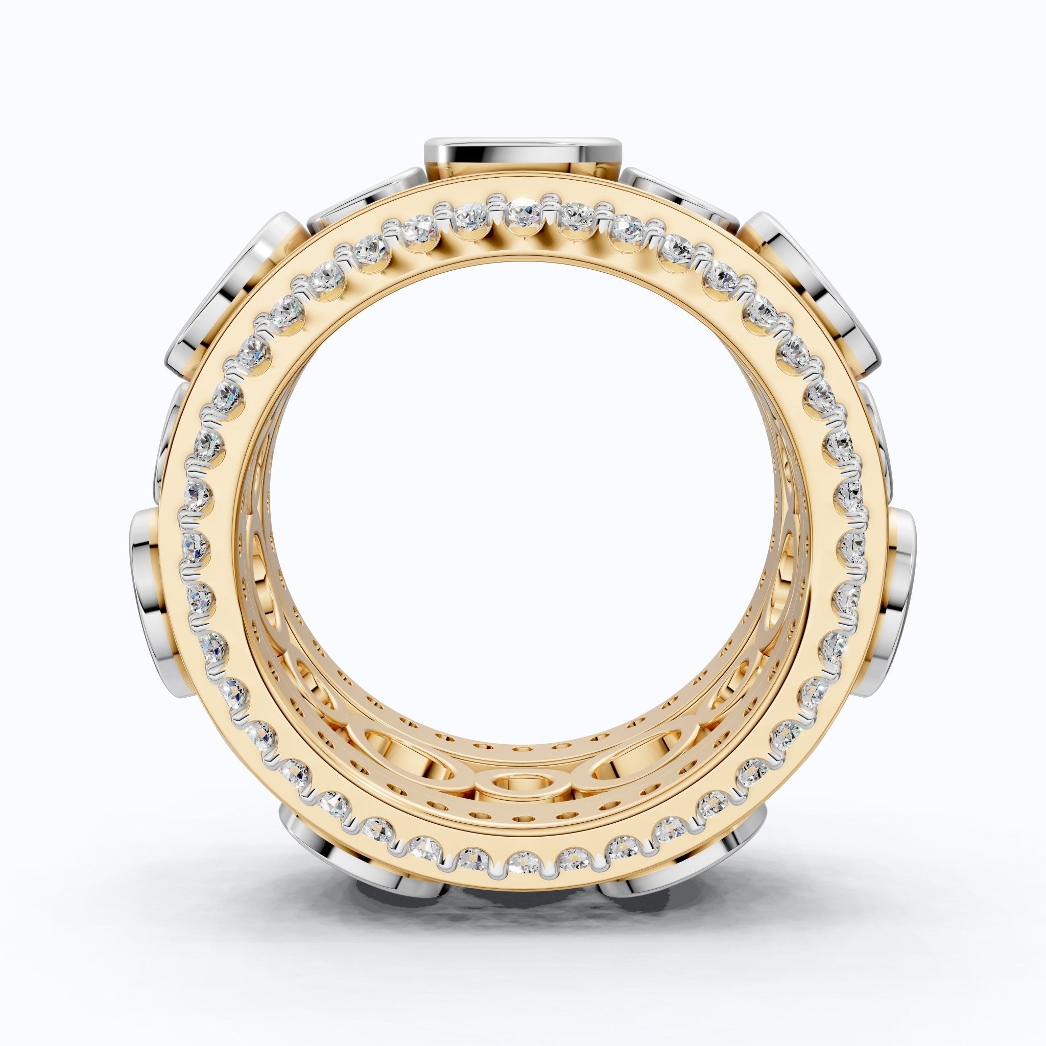 Unique Patterned Wide Eternity Wedding Band in 14K Solid Gold, 5.12 TCW Round Cut Lab Created Diamonds, Anniversary Ring, Everyday Band - Shoora Designs