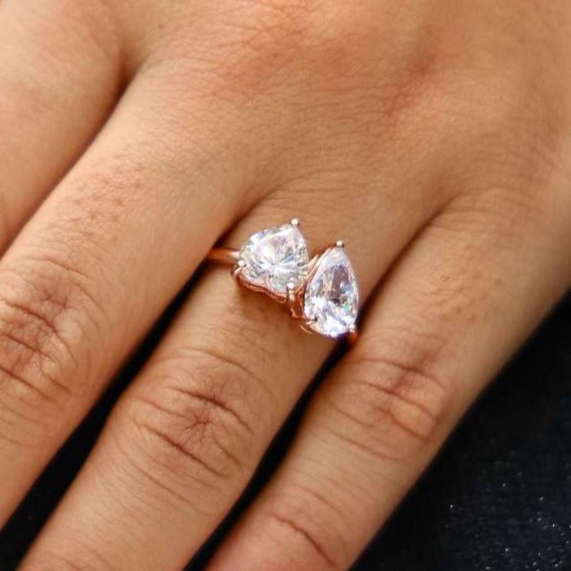 Unique Toi et Moi Two Stone Engagement Ring in 14k Rose Gold, 4.25 TCW Heart/Pear Cut Lab Grown Diamonds, Anniversary Gift For Wife, Love Token Ring - Shoora Designs