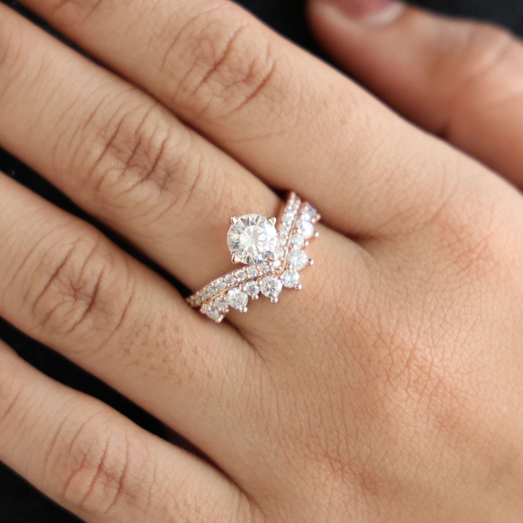 Vintage Crown Chevron Cluster Engagement Ring in 14k Solid Gold or Sterling Silver, 2.35 TCW Round Cut Lab Created Diamonds, Anniversary Gift for Wife - Shoora Designs