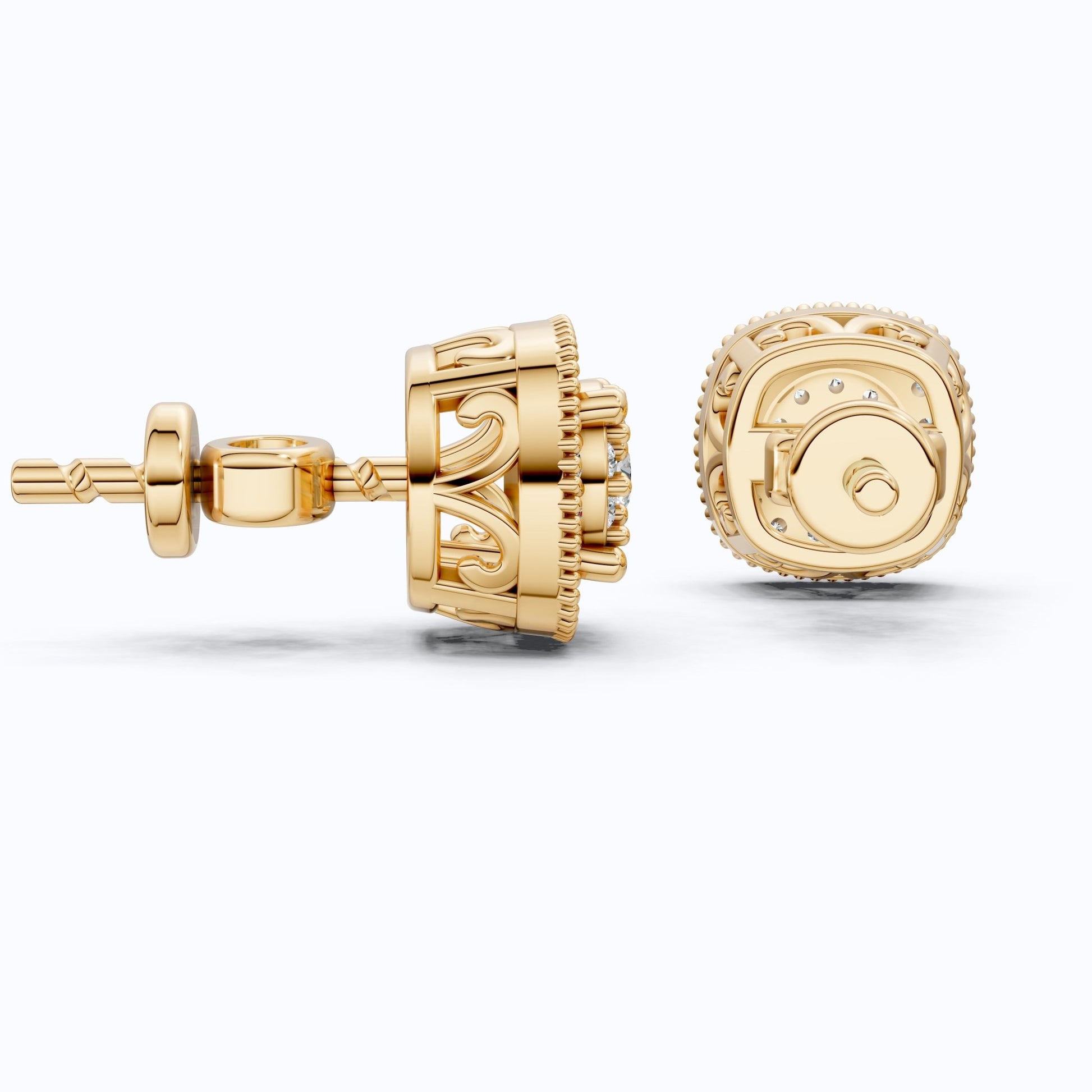 Vintage Cushion Shaped Cluster Halo Wedding Earrings with Beaded Edge in Lab Grown Diamond 14k Solid Gold, Wedding Gift for Her, Handmade Milgrain Earrings - Shoora Designs