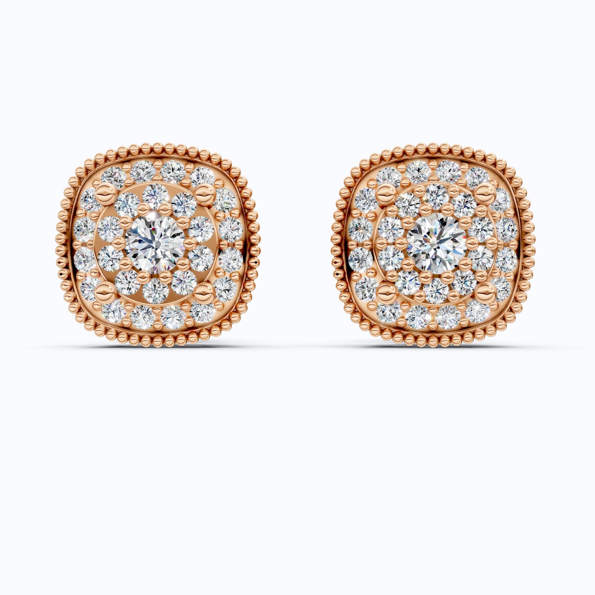 Vintage Cushion Shaped Cluster Halo Wedding Earrings with Beaded Edge in Lab Grown Diamond 14k Solid Gold, Wedding Gift for Her, Handmade Milgrain Earrings - Shoora Designs