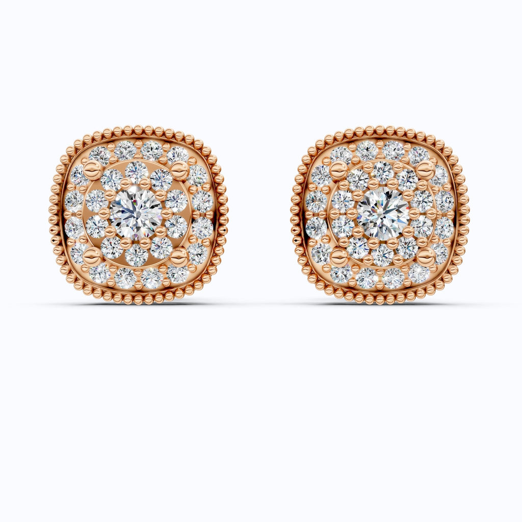 Vintage Cushion Shaped Cluster Halo Wedding Earrings with Beaded Edge in Lab Grown Diamond 14k Solid Gold, Wedding Gift for Her, Handmade Milgrain Earrings - Shoora Designs