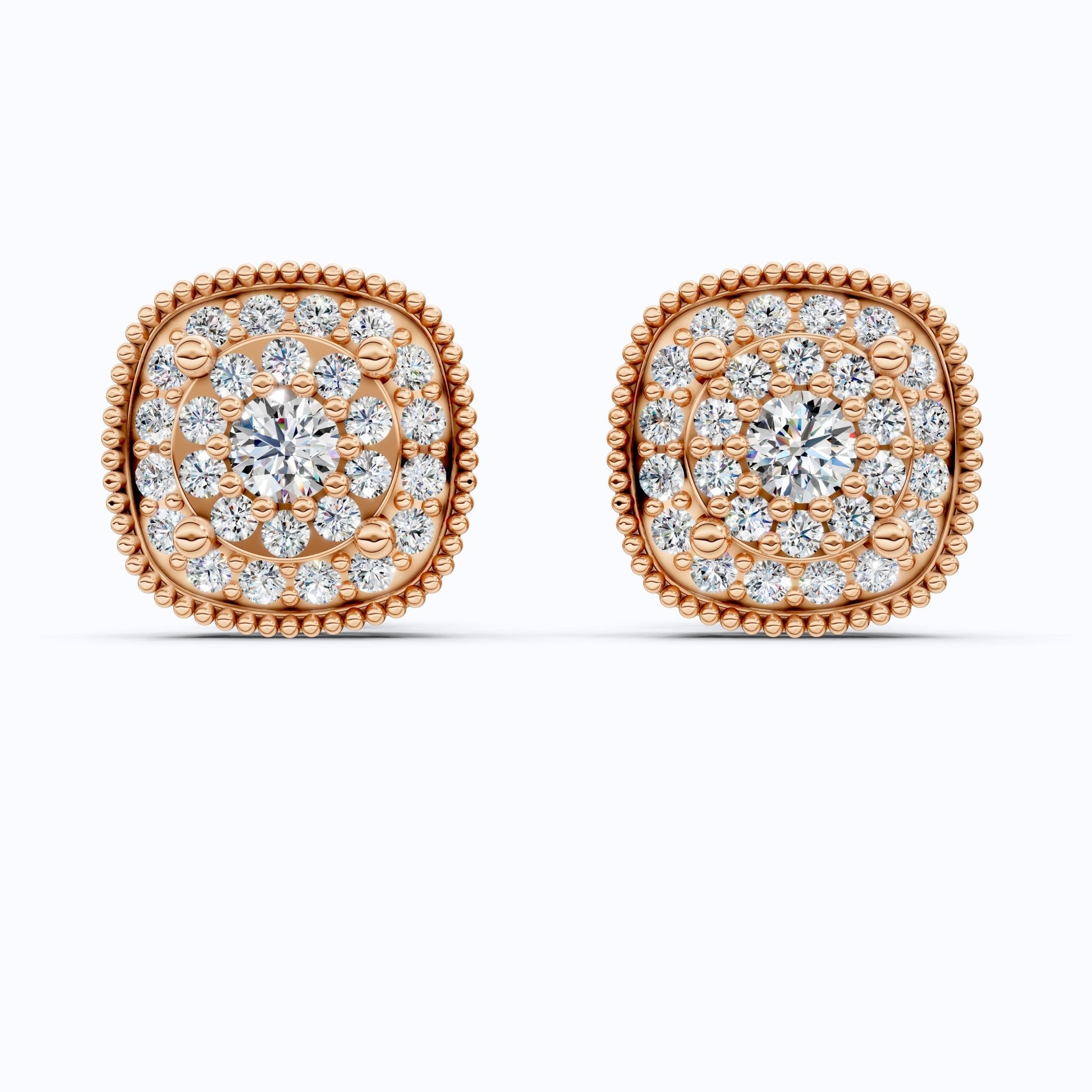 Vintage Cushion Shaped Cluster Halo Wedding Earrings with Beaded Edge in Lab Grown Diamond 14k Solid Gold, Wedding Gift for Her, Handmade Milgrain Earrings - Shoora Designs