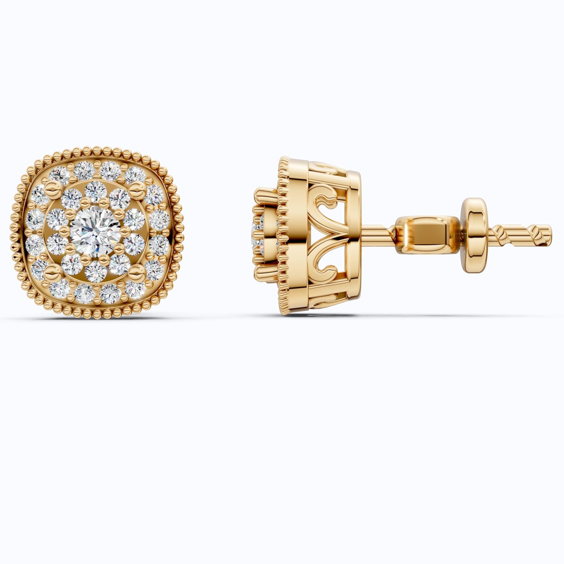 Vintage Cushion Shaped Cluster Halo Wedding Earrings with Beaded Edge in Lab Grown Diamond 14k Solid Gold, Wedding Gift for Her, Handmade Milgrain Earrings - Shoora Designs