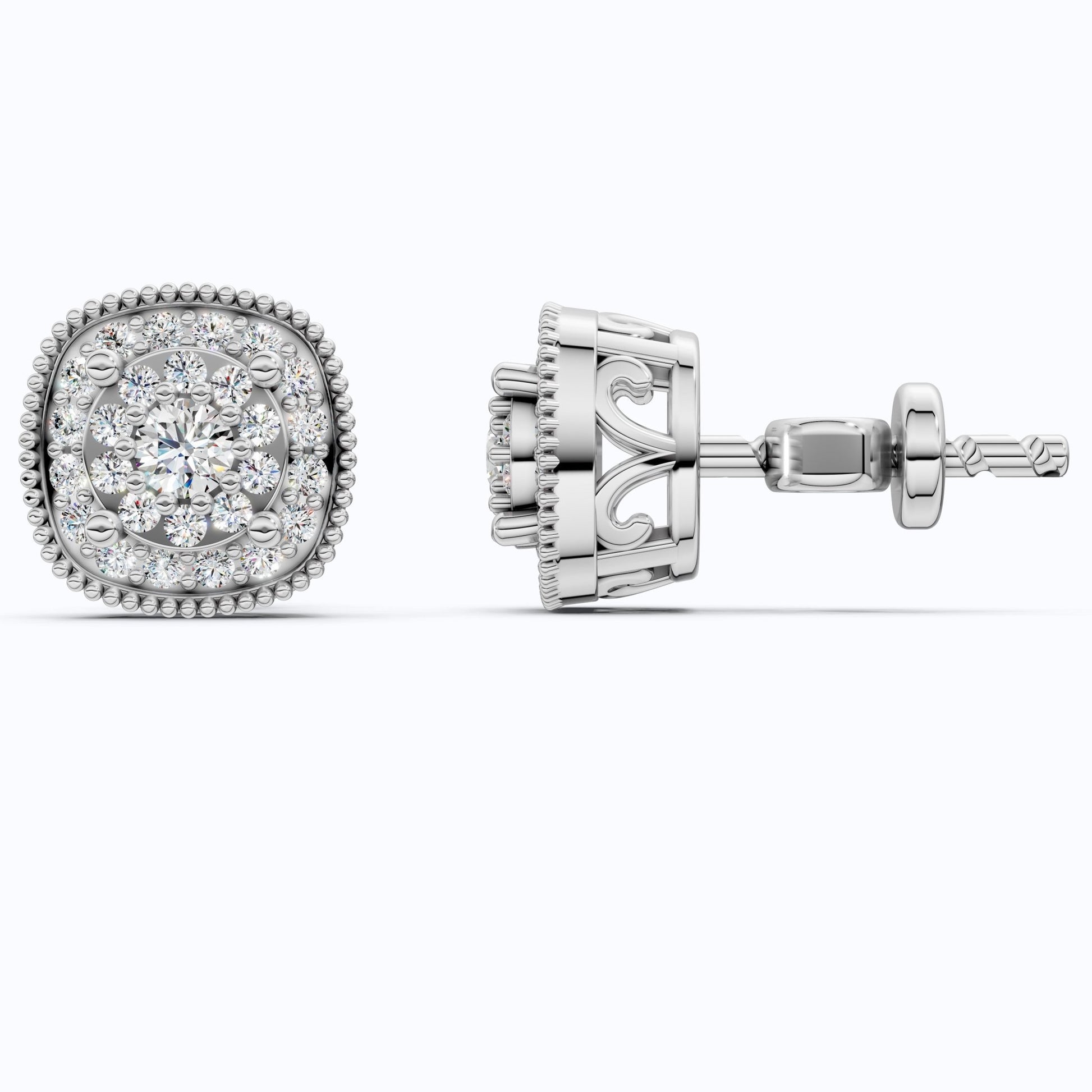 Vintage Cushion Shaped Cluster Halo Wedding Earrings with Beaded Edge in Lab Grown Diamond 14k Solid Gold, Wedding Gift for Her, Handmade Milgrain Earrings - Shoora Designs