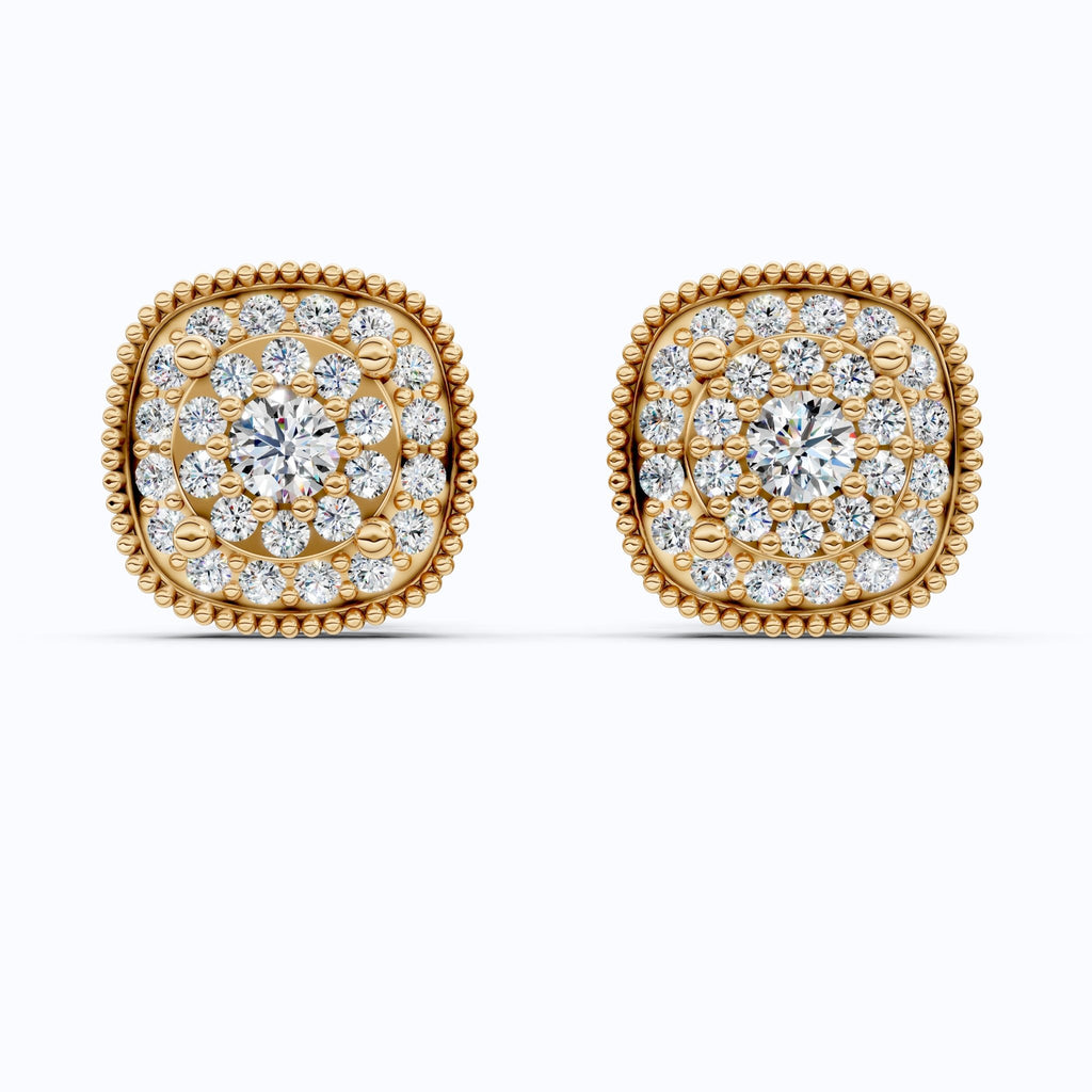 Vintage Cushion Shaped Cluster Halo Wedding Earrings with Beaded Edge in Lab Grown Diamond 14k Solid Gold, Wedding Gift for Her, Handmade Milgrain Earrings - Shoora Designs