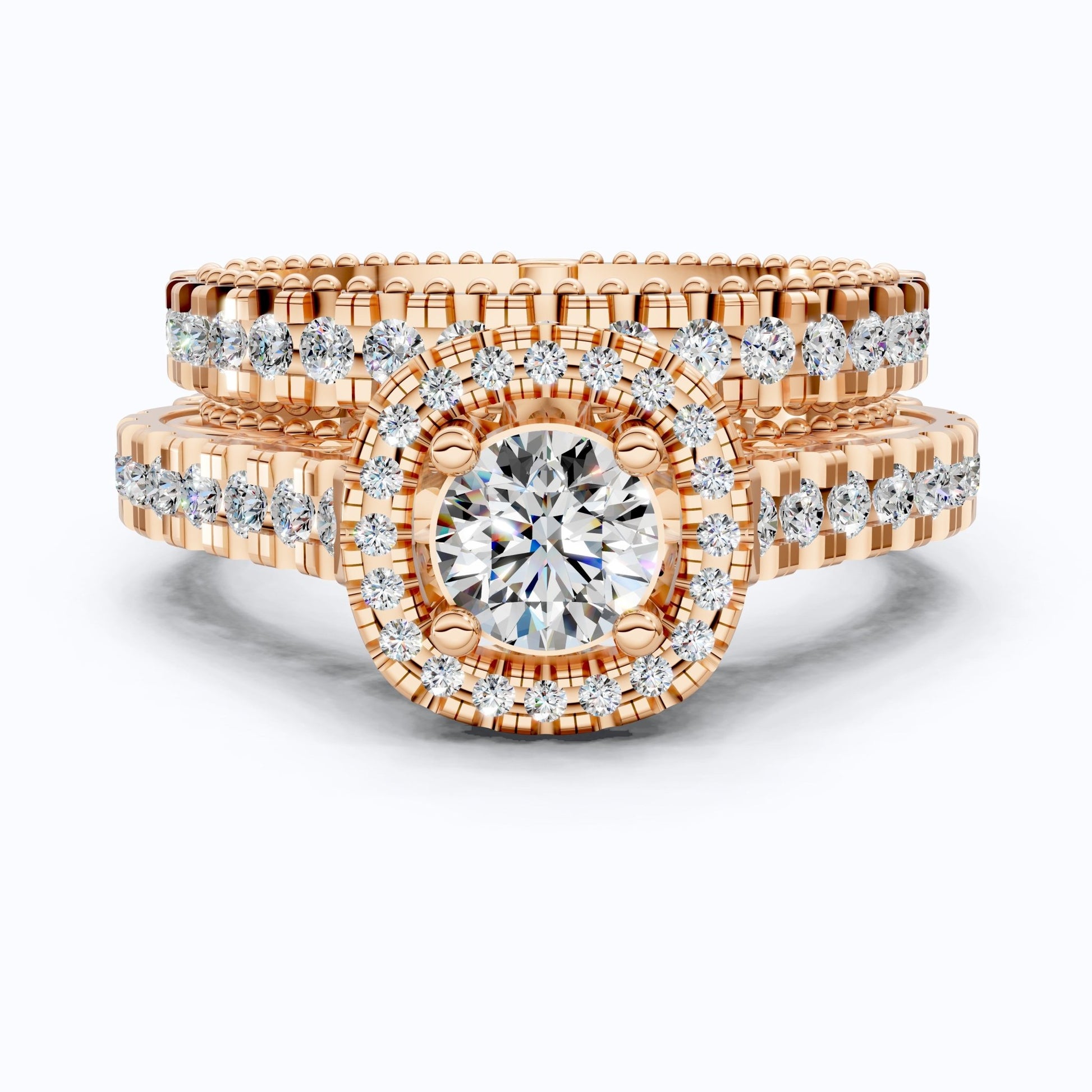 Vintage Filigree Cushion Halo Pave Beaded Shank Bridal Ring Set in Lab Diamond – 14k Solid Gold, Wedding Gift for Wife, Handmade Jewelry - Shoora Designs