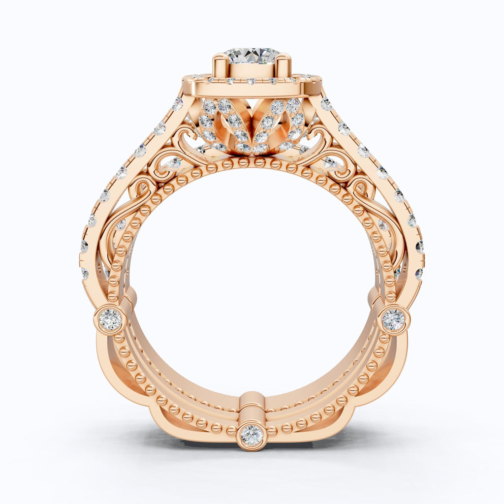 Vintage Filigree Cushion Halo Pave Beaded Shank Bridal Ring Set in Lab Diamond – 14k Solid Gold, Wedding Gift for Wife, Handmade Jewelry - Shoora Designs