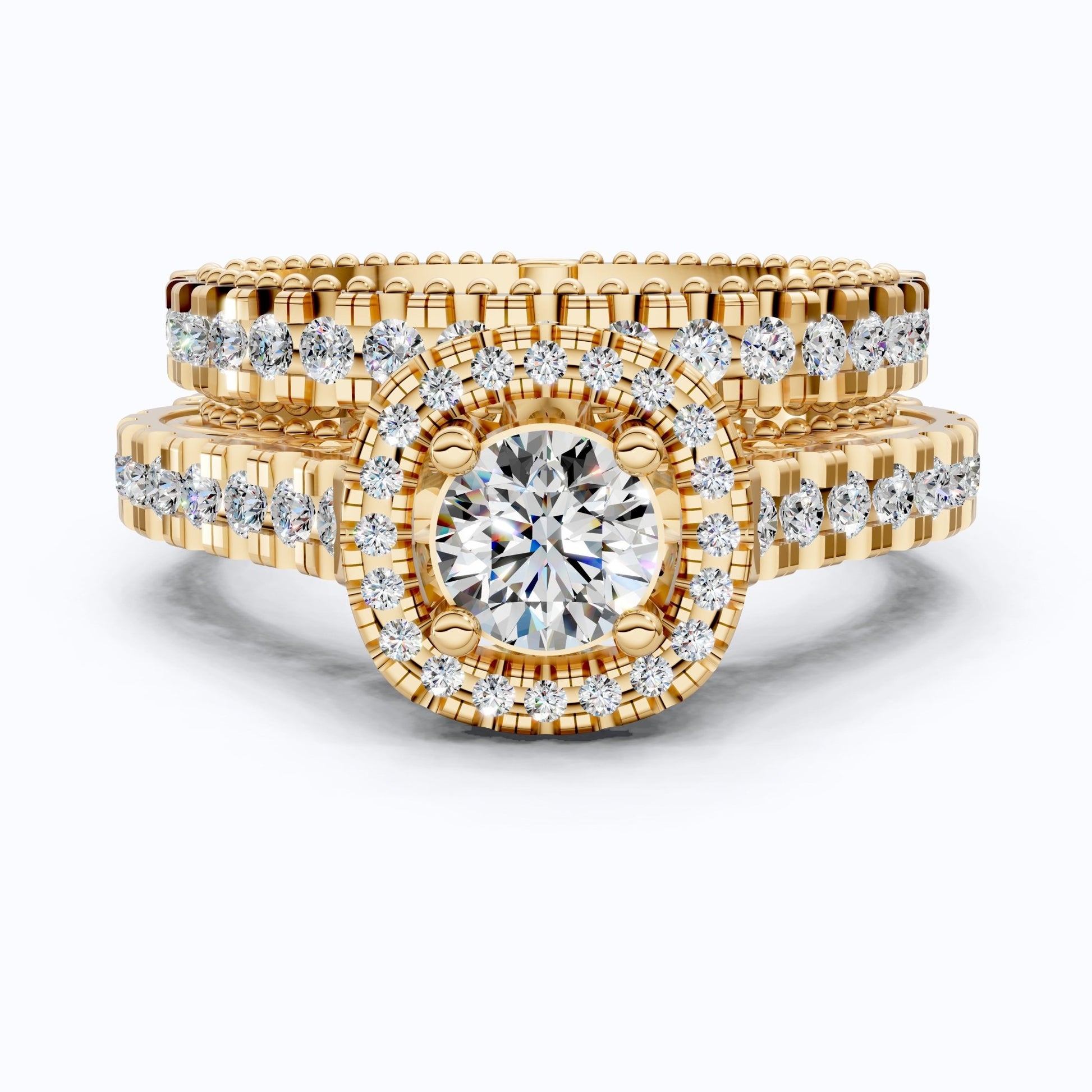 Vintage Filigree Cushion Halo Pave Beaded Shank Bridal Ring Set in Lab Diamond – 14k Solid Gold, Wedding Gift for Wife, Handmade Jewelry - Shoora Designs