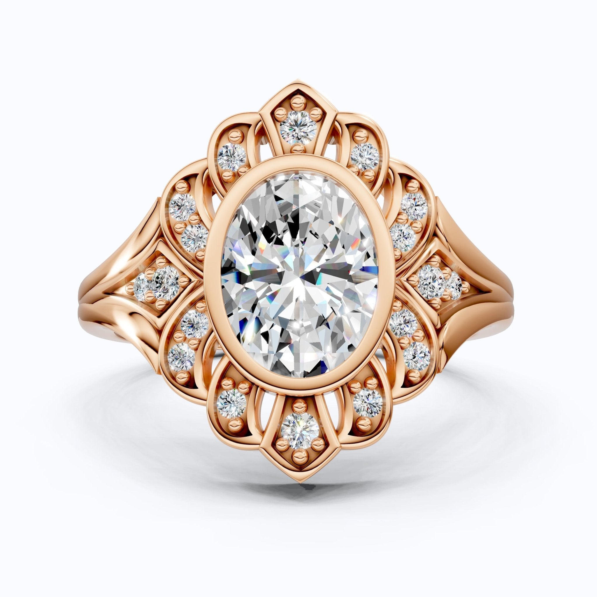 Vintage Floral Halo Wedding Ring in Lab Grown Diamond – Solid 9k/14k Gold or Sterling Silver Engagement Ring Bridal Jewelry Gift for Wife, Handmade Jewelry - Shoora Designs