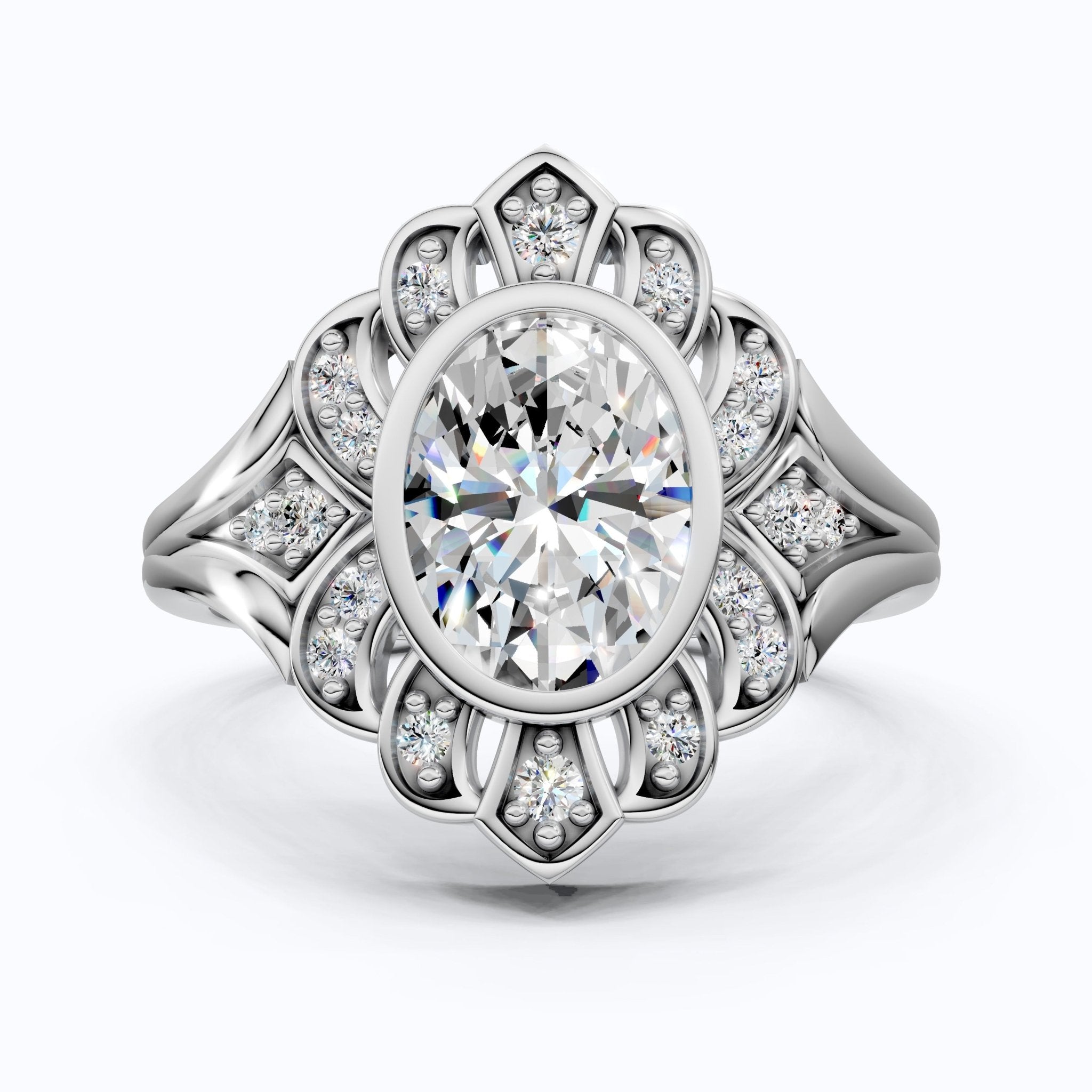 Vintage Floral Halo Wedding Ring in Lab Grown Diamond – Solid 9k/14k Gold or Sterling Silver Engagement Ring Bridal Jewelry Gift for Wife, Handmade Jewelry - Shoora Designs