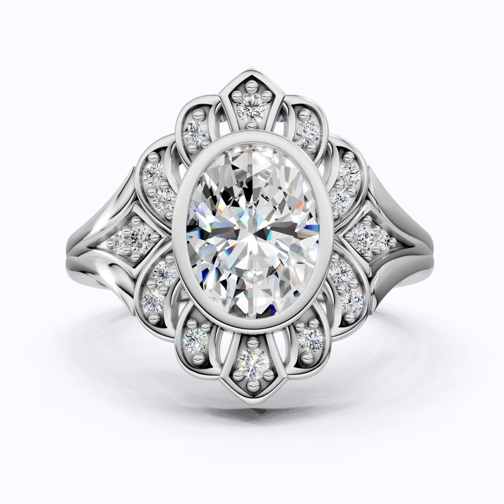 Vintage Floral Halo Wedding Ring in Lab Grown Diamond – Solid 9k/14k Gold or Sterling Silver Engagement Ring Bridal Jewelry Gift for Wife, Handmade Jewelry - Shoora Designs