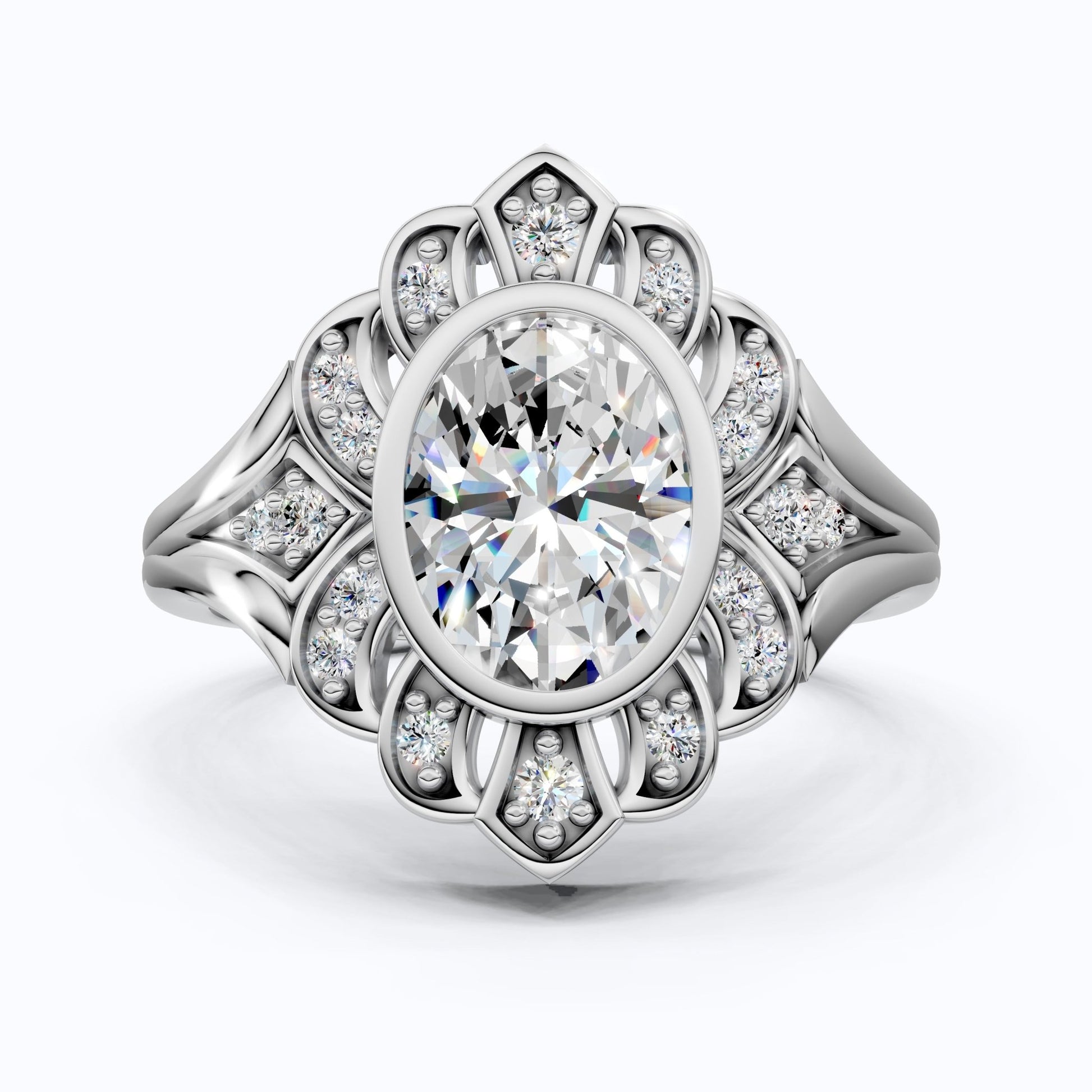 Vintage Floral Halo Wedding Ring in Lab Grown Diamond – Solid 9k/14k Gold or Sterling Silver Engagement Ring Bridal Jewelry Gift for Wife, Handmade Jewelry - Shoora Designs